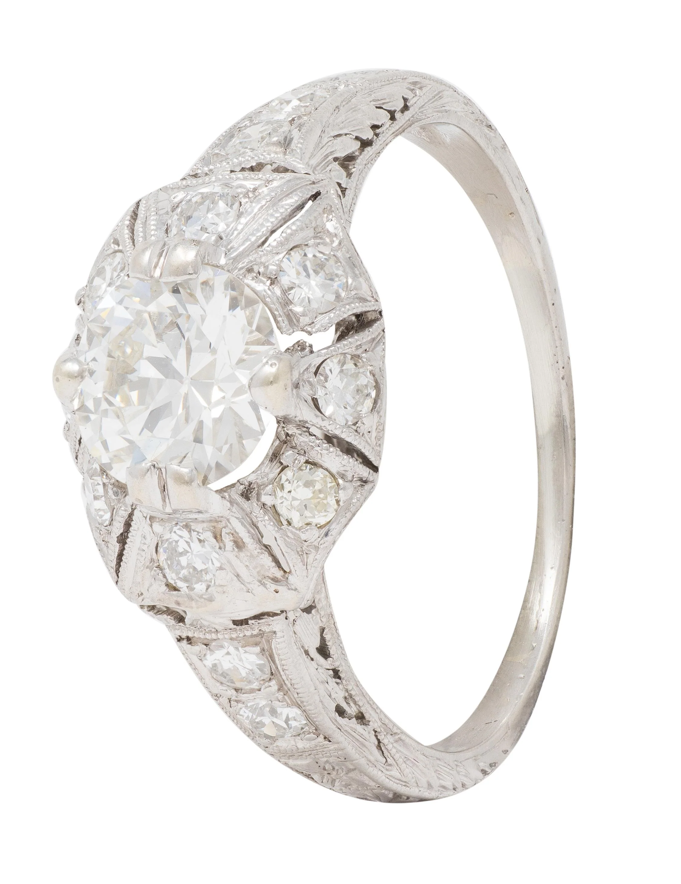 Art Deco Old European Cut Diamond Platinum Vintage Scrolling Palm Engagement Ring - Image 6