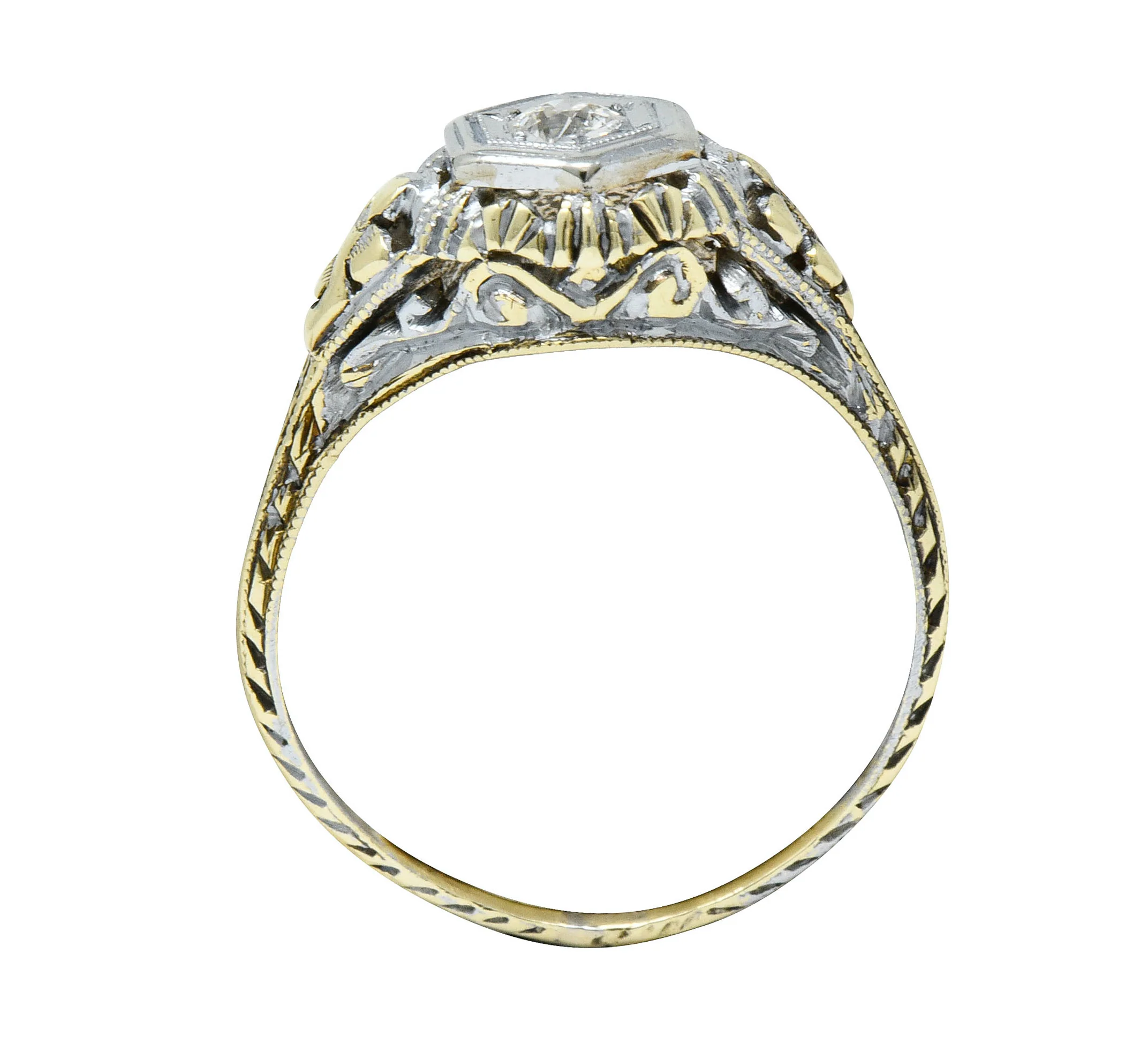 Art Deco Old European Diamond 14 Karat Two-Tone Gold Floral Engagement Ring - Image 9