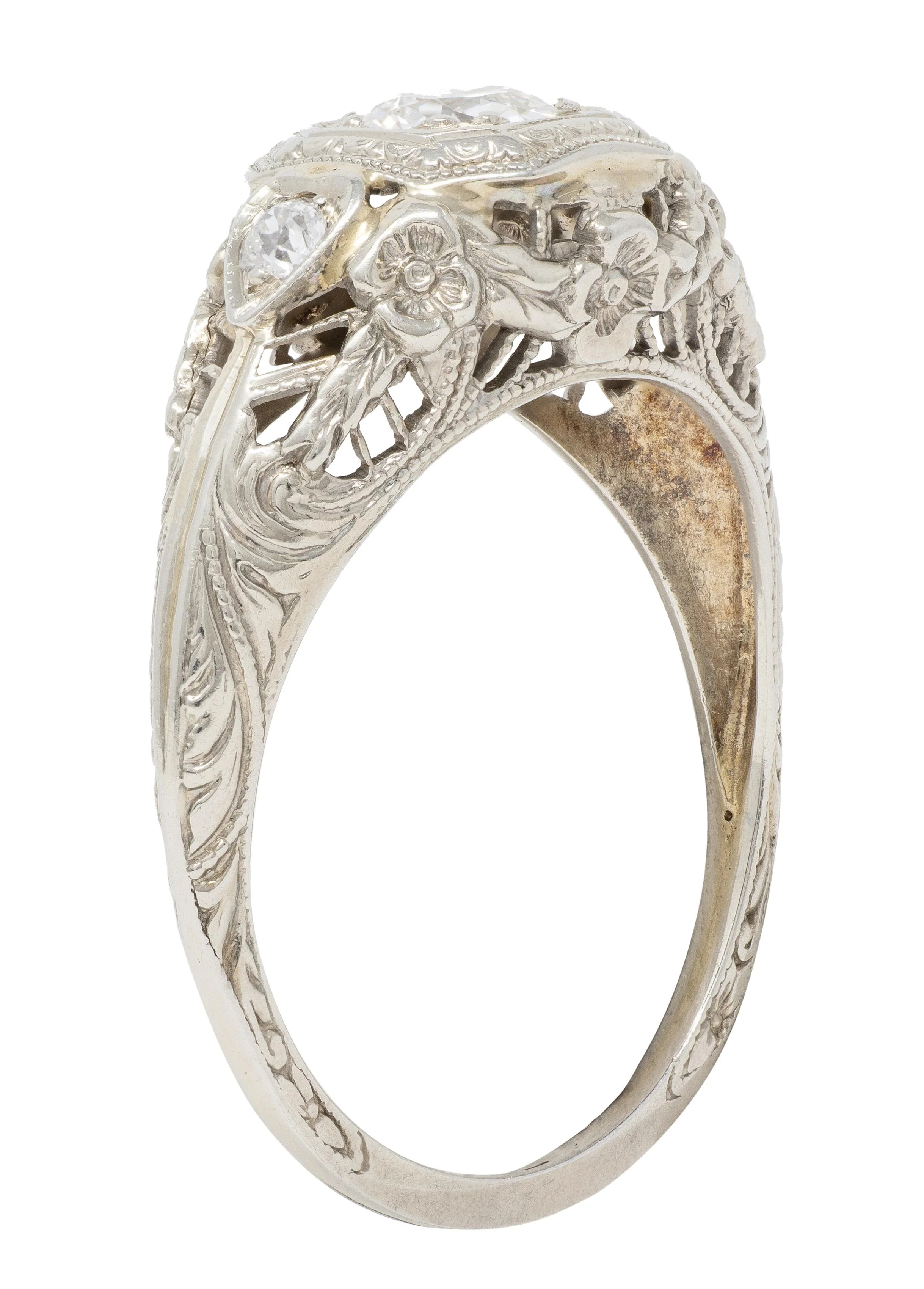 Art Deco Old European Diamond 18 Karat White Gold Antique Heart Garland Engagement Ring - Image 10