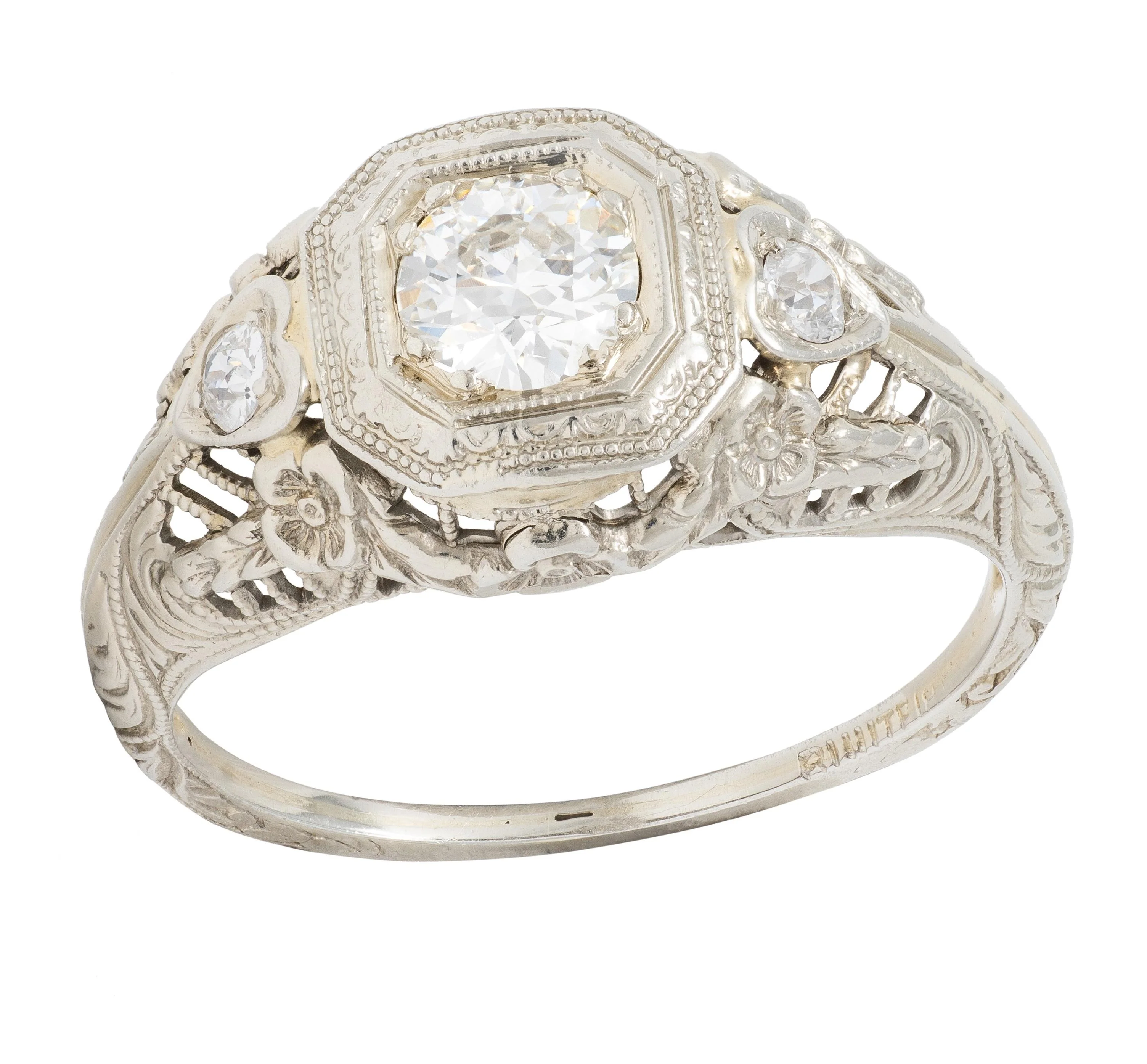 Art Deco Old European Diamond 18 Karat White Gold Antique Heart Garland Engagement Ring - Image 11