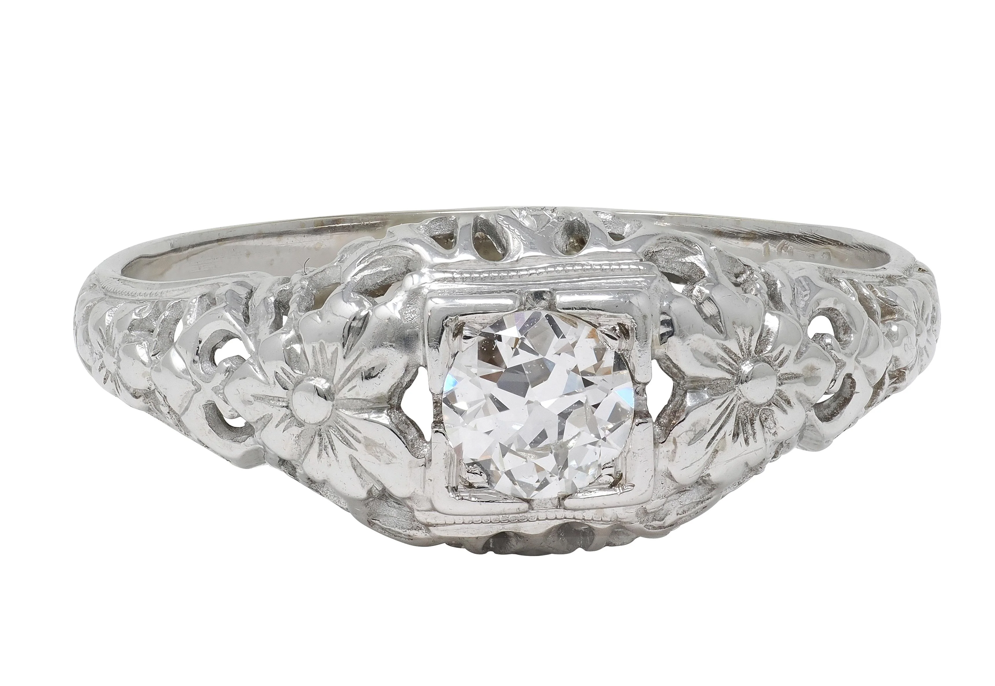 Art Deco Old European Diamond 18 Karat White Gold Orange Blossom Vintage Engagement Ring