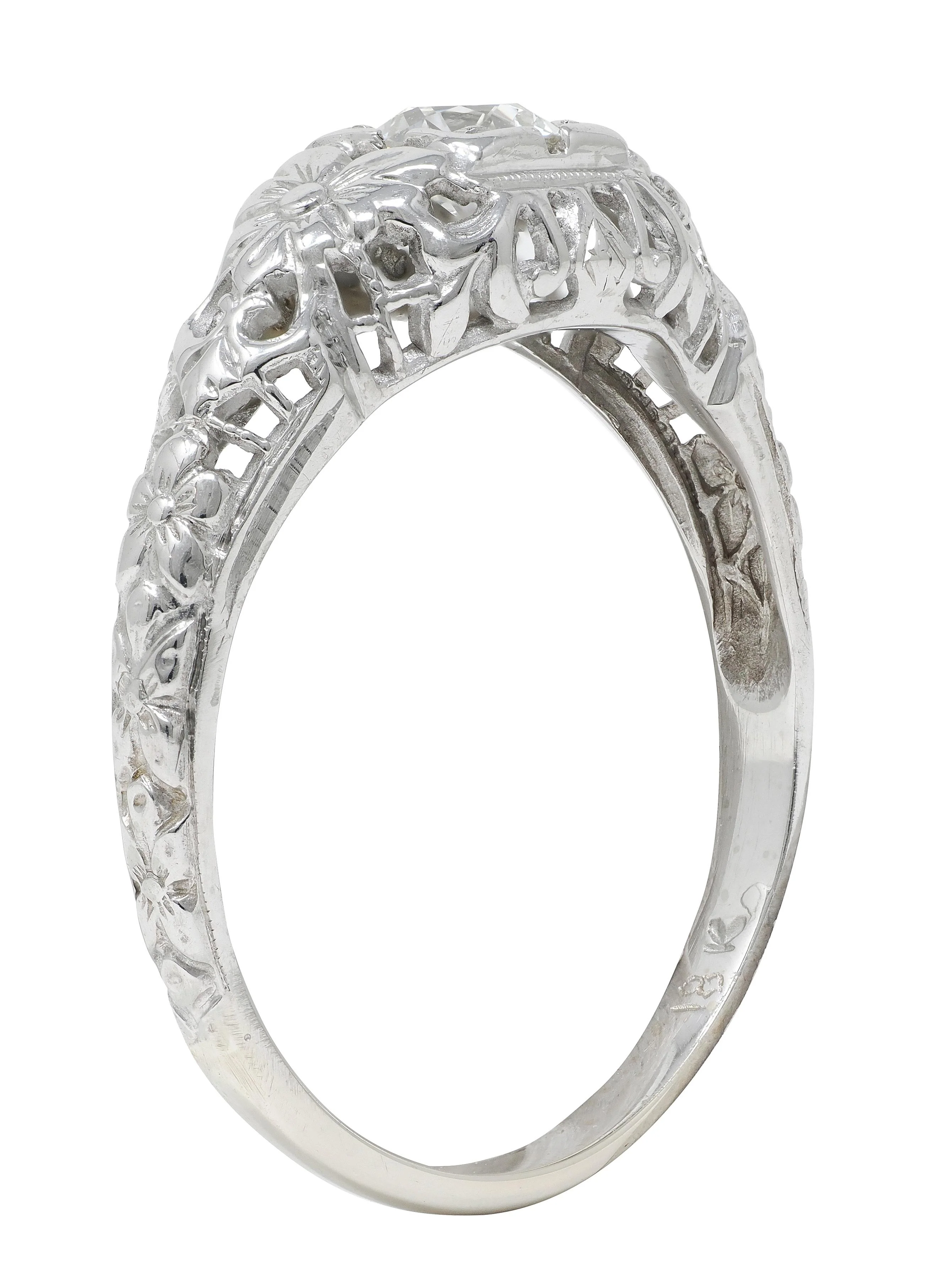 Art Deco Old European Diamond 18 Karat White Gold Orange Blossom Vintage Engagement Ring - Image 11