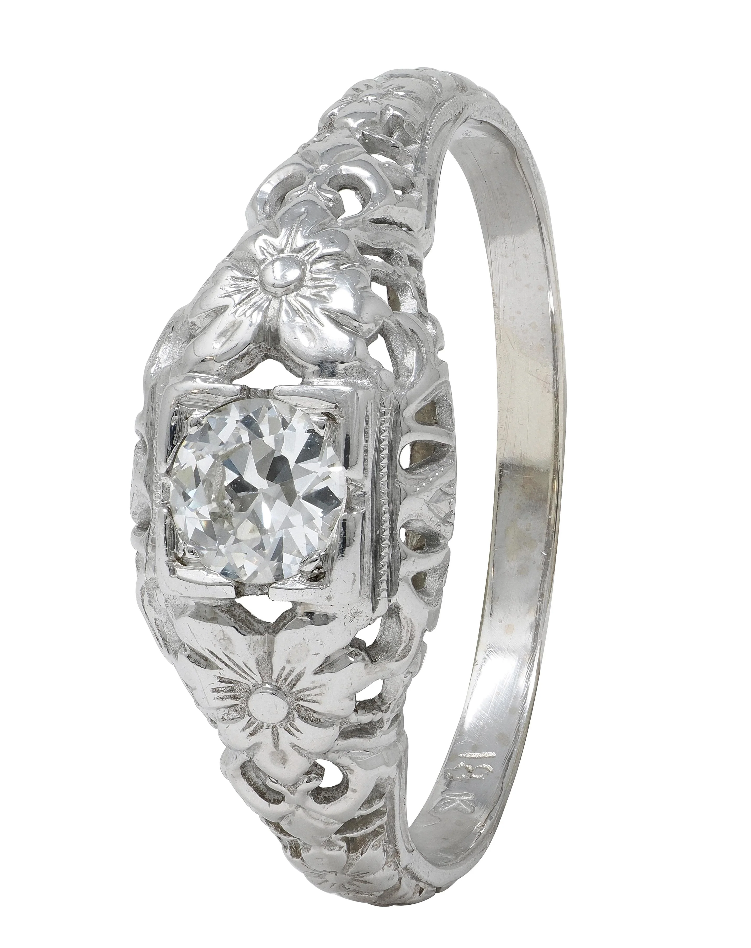 Art Deco Old European Diamond 18 Karat White Gold Orange Blossom Vintage Engagement Ring - Image 12
