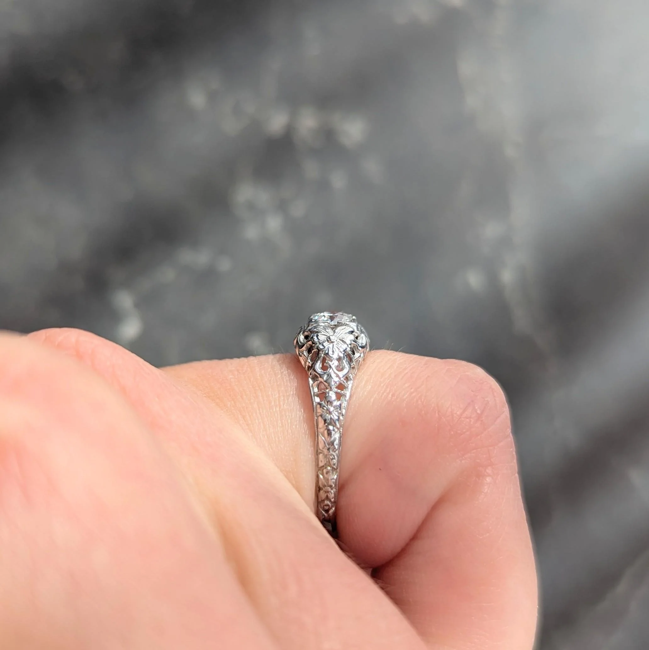 Art Deco Old European Diamond 18 Karat White Gold Orange Blossom Vintage Engagement Ring - Image 13