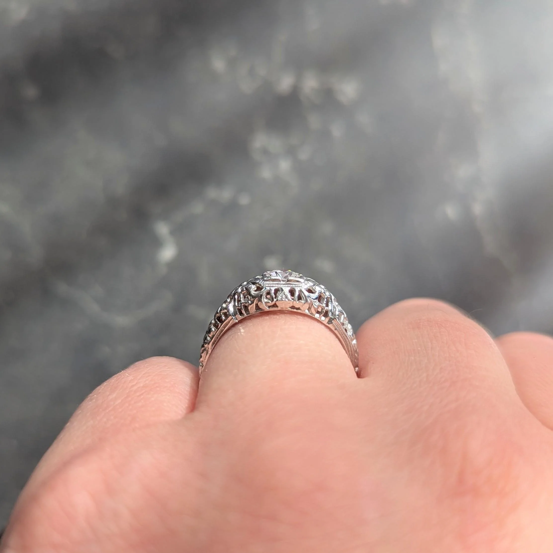 Art Deco Old European Diamond 18 Karat White Gold Orange Blossom Vintage Engagement Ring - Image 14