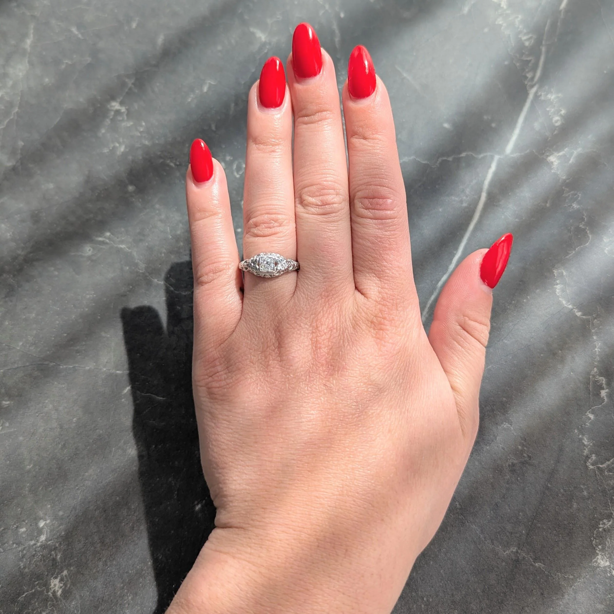 Art Deco Old European Diamond 18 Karat White Gold Orange Blossom Vintage Engagement Ring - Image 2