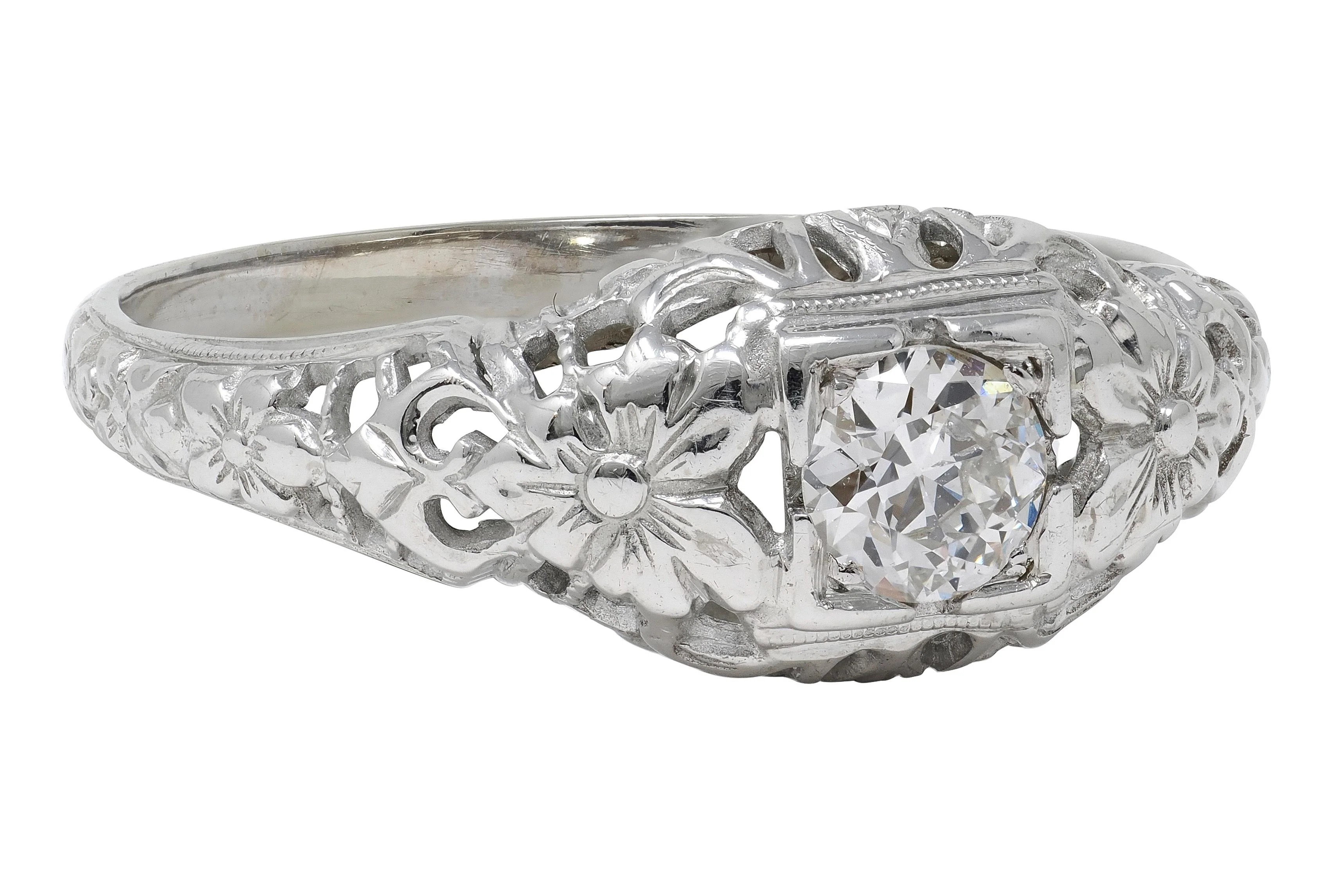 Art Deco Old European Diamond 18 Karat White Gold Orange Blossom Vintage Engagement Ring - Image 3