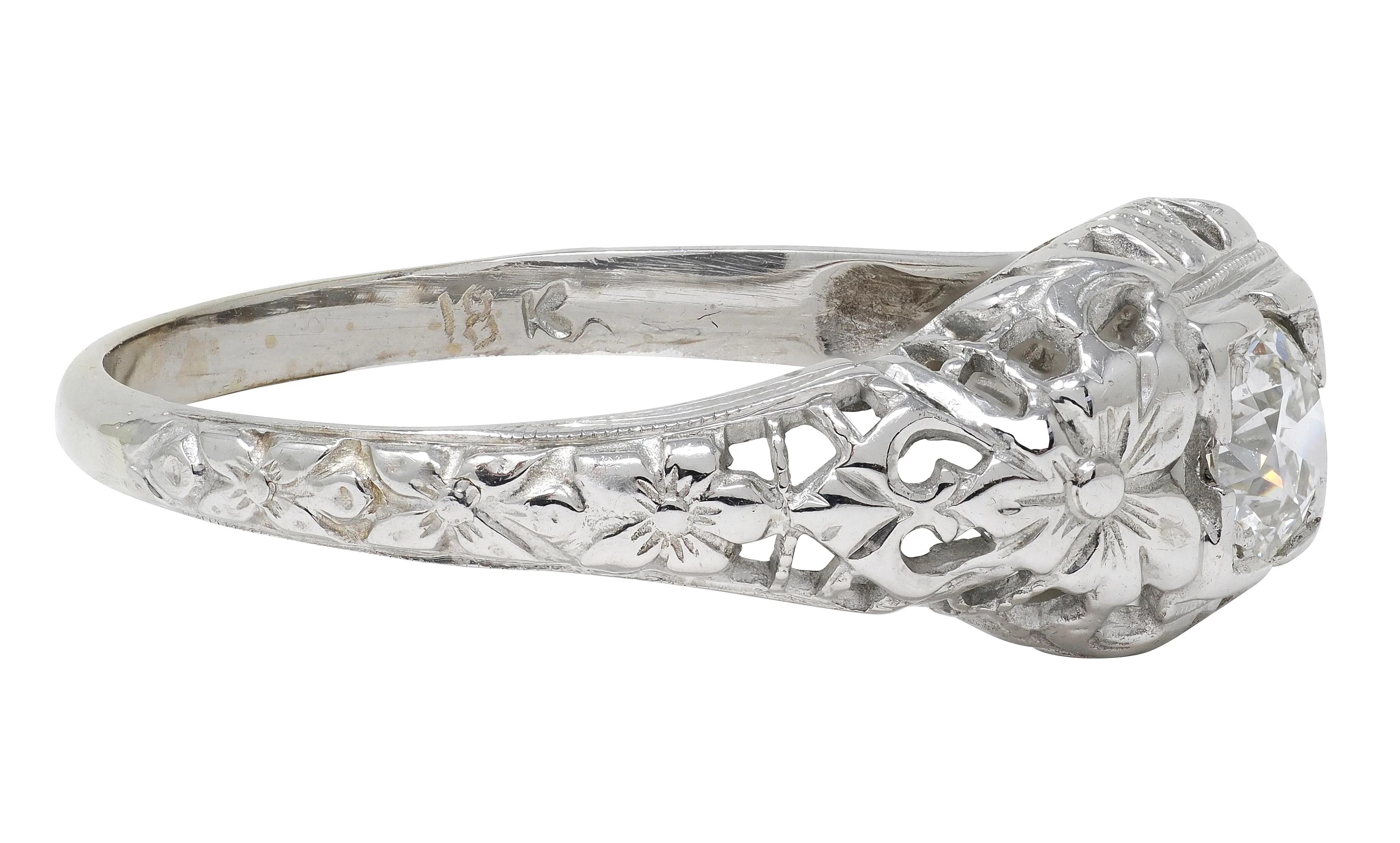 Art Deco Old European Diamond 18 Karat White Gold Orange Blossom Vintage Engagement Ring - Image 4