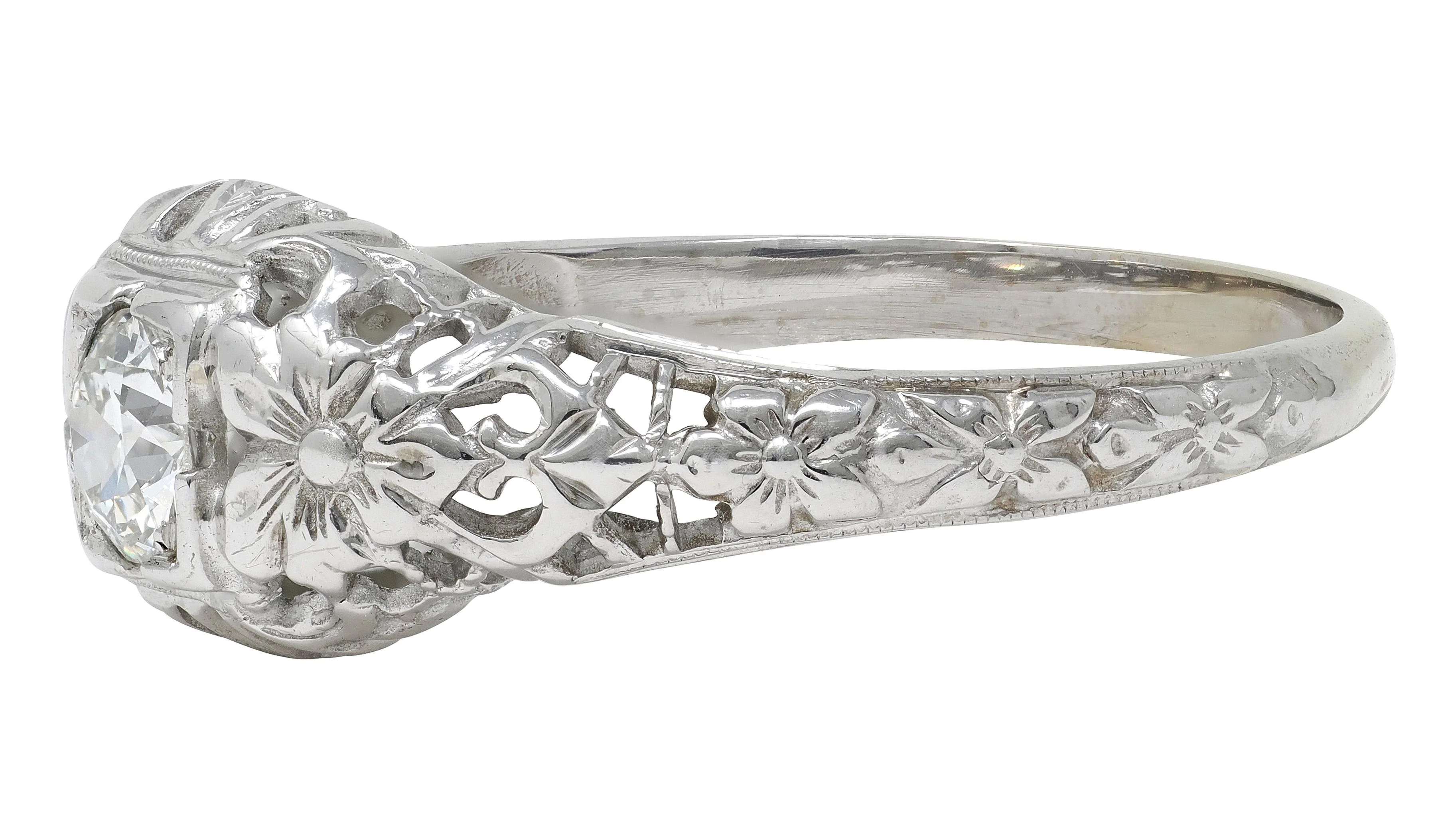 Art Deco Old European Diamond 18 Karat White Gold Orange Blossom Vintage Engagement Ring - Image 6