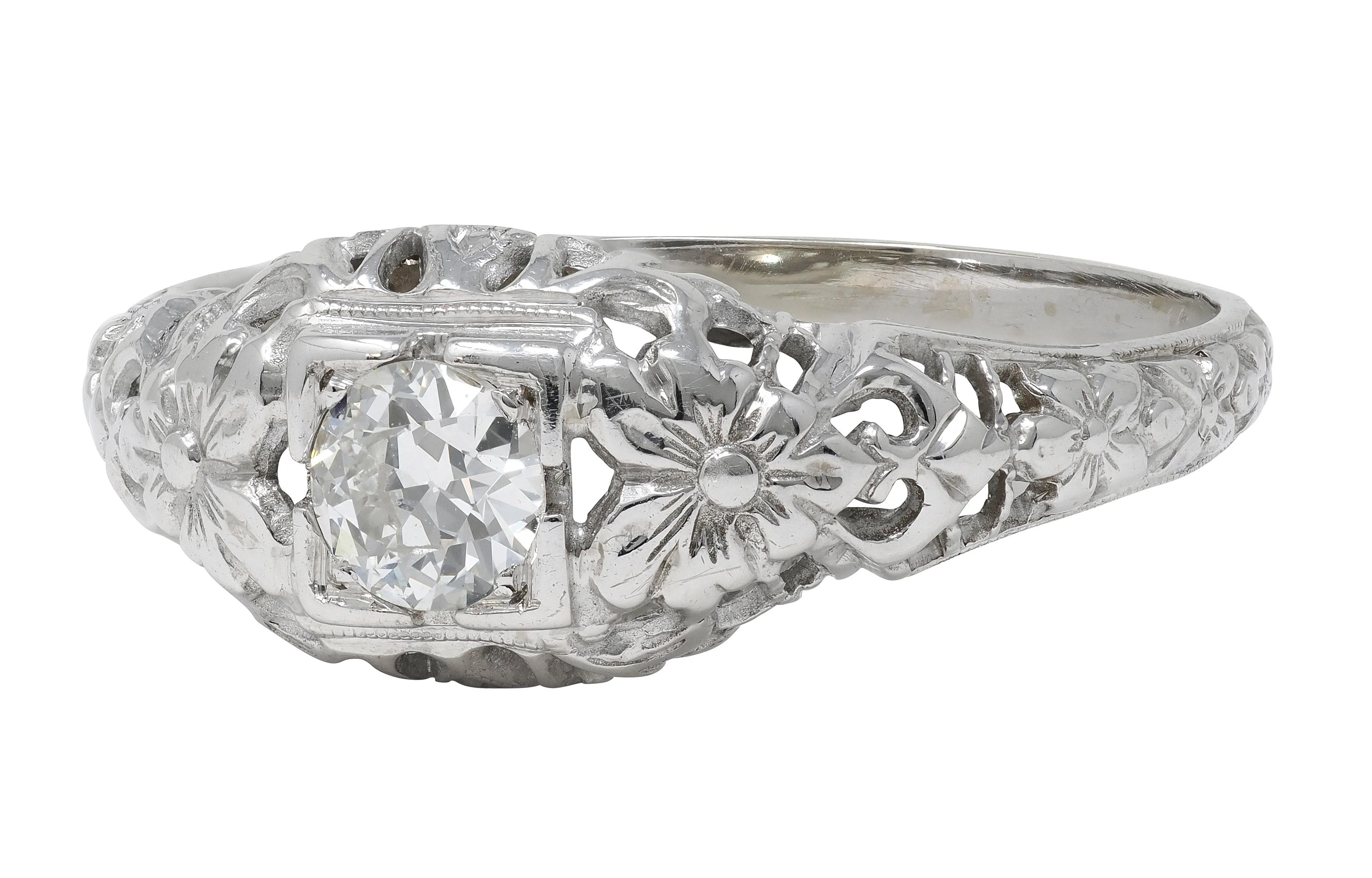 Art Deco Old European Diamond 18 Karat White Gold Orange Blossom Vintage Engagement Ring - Image 7