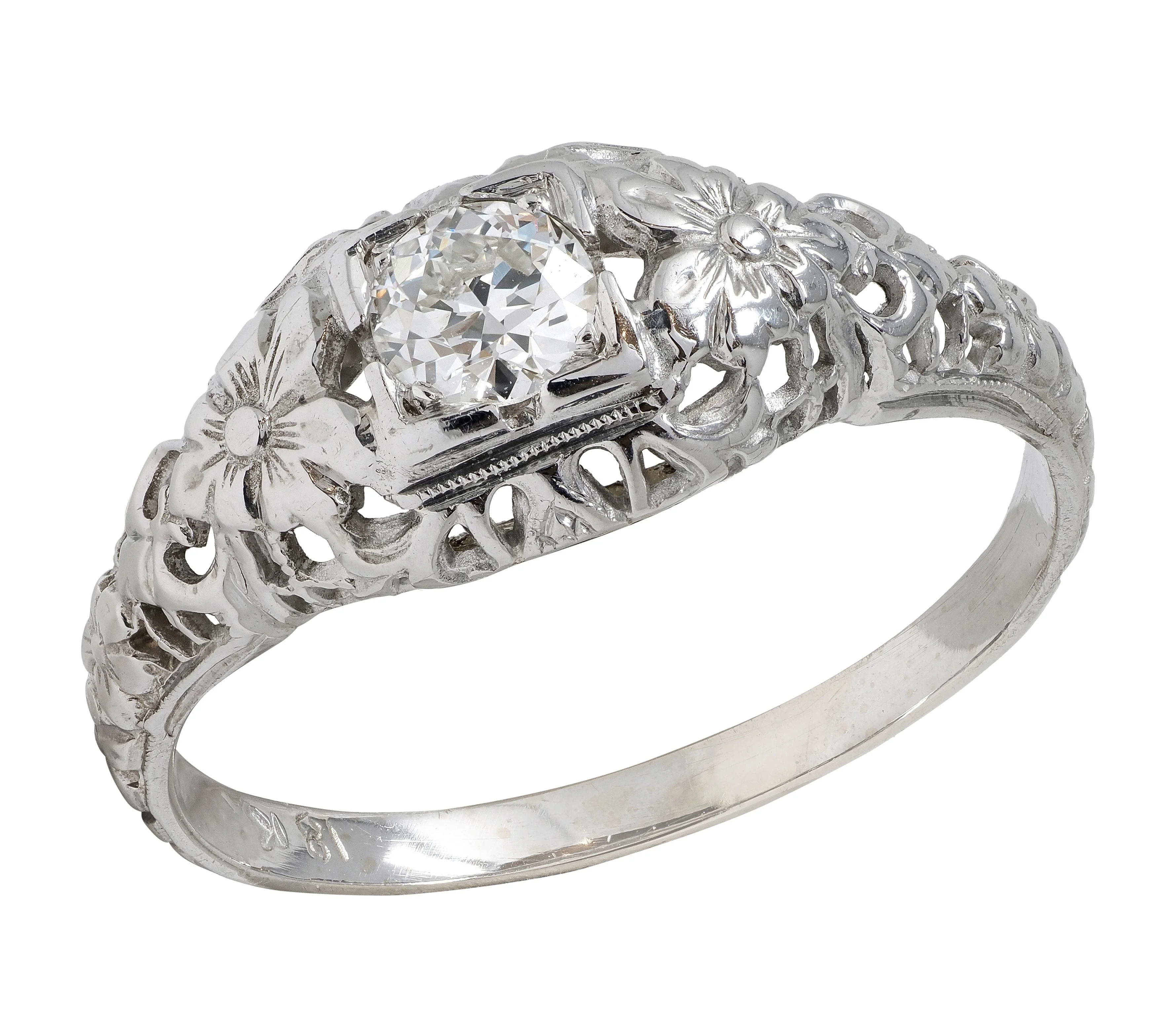 Art Deco Old European Diamond 18 Karat White Gold Orange Blossom Vintage Engagement Ring - Image 9