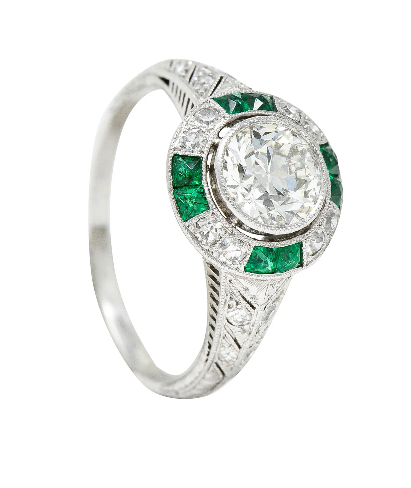 Art Deco Old European Diamond Emerald Platinum Engagement Ring - Image 11