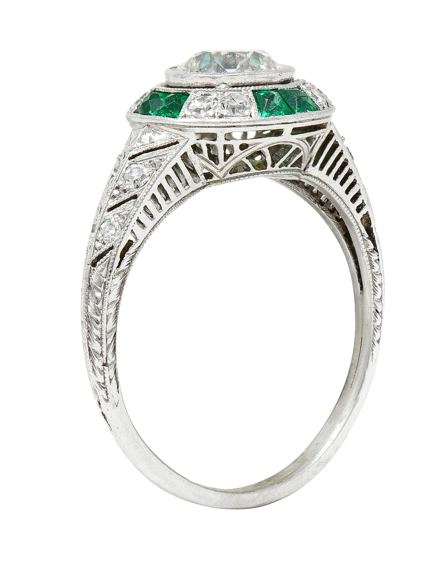 Art Deco Old European Diamond Emerald Platinum Engagement Ring - Image 2