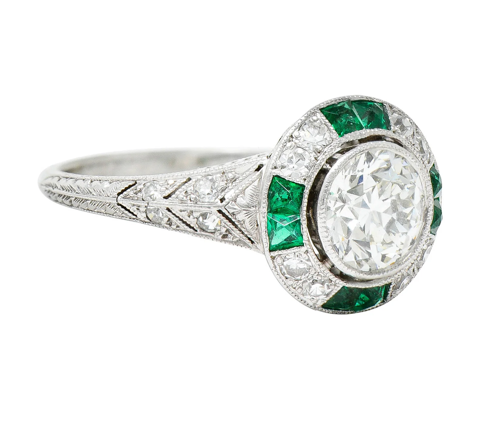 Art Deco Old European Diamond Emerald Platinum Engagement Ring - Image 3