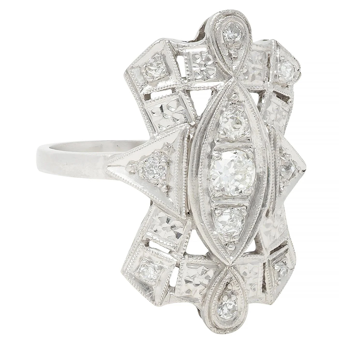 Art Deco Old European Diamond Platinum Vintage Geometric Dinner Ring - Image 2