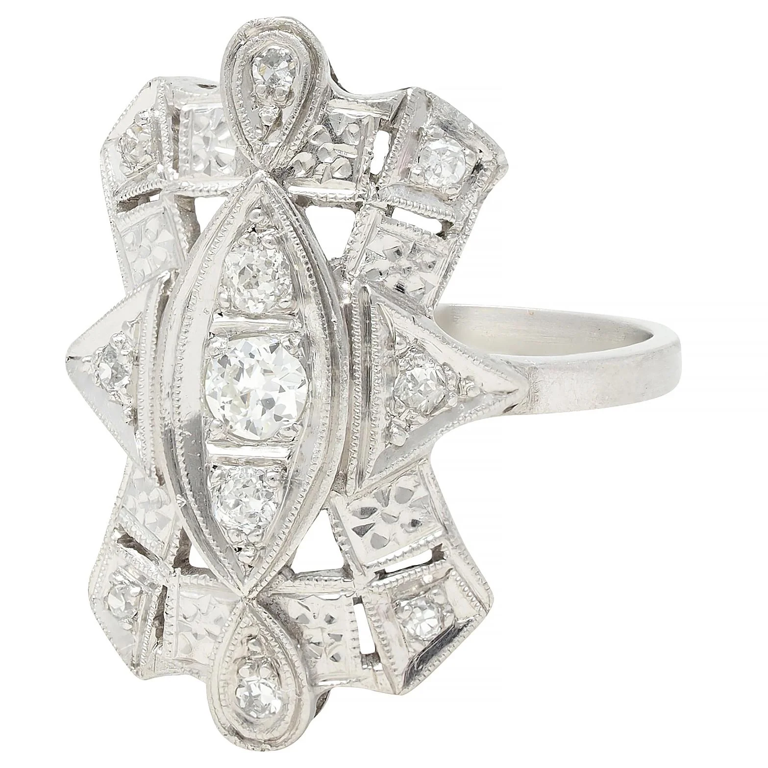 Art Deco Old European Diamond Platinum Vintage Geometric Dinner Ring - Image 6