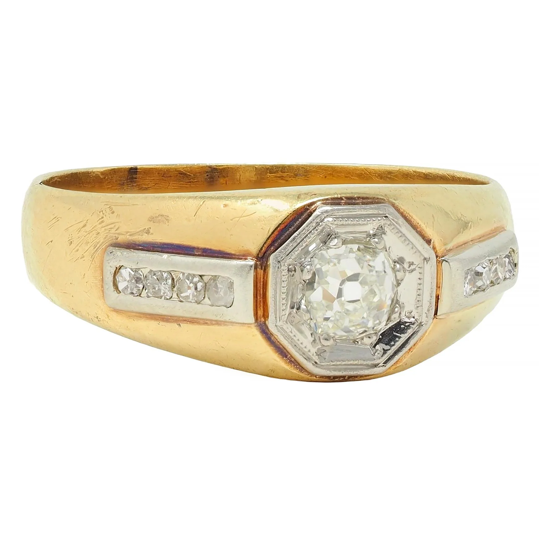 Art Deco Old Mine Cut Diamond Platinum 15 Karat Yellow Gold Antique Unisex Engagement Ring - Image 2