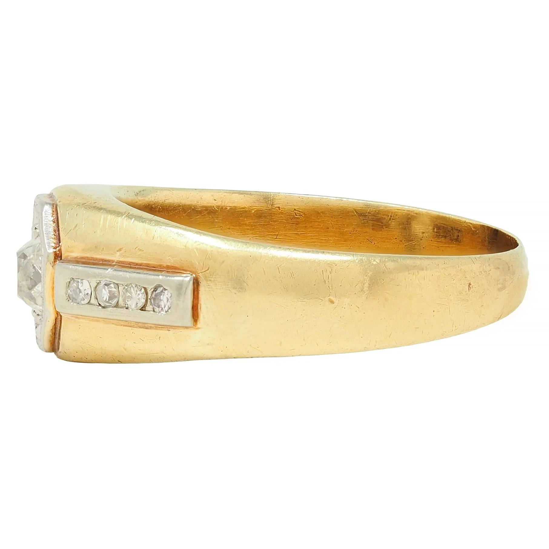 Art Deco Old Mine Cut Diamond Platinum 15 Karat Yellow Gold Antique Unisex Engagement Ring - Image 5