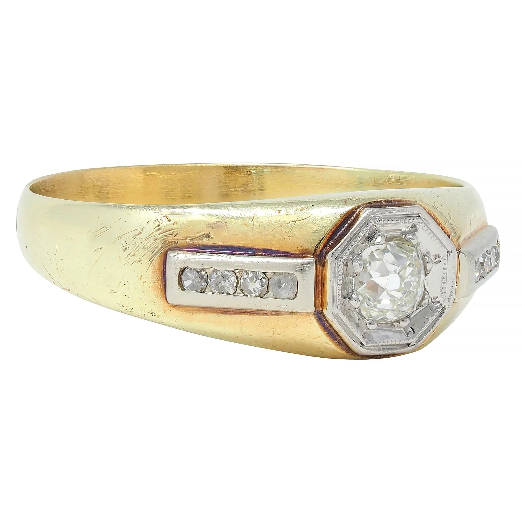 Art Deco Old Mine Cut Diamond Platinum 15 Karat Yellow Gold Antique Unisex Ring - Image 2