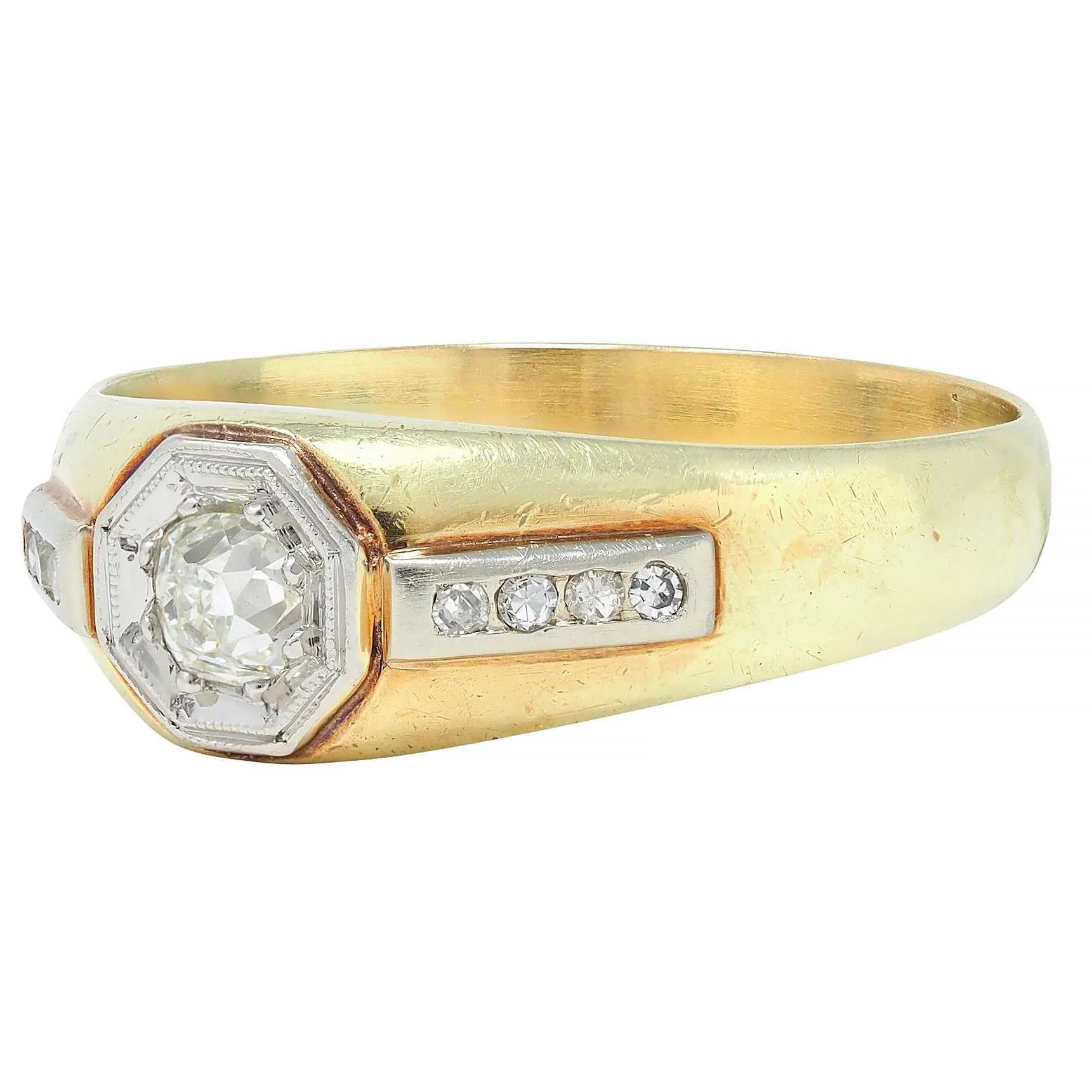 Art Deco Old Mine Cut Diamond Platinum 15 Karat Yellow Gold Antique Unisex Ring - Image 6