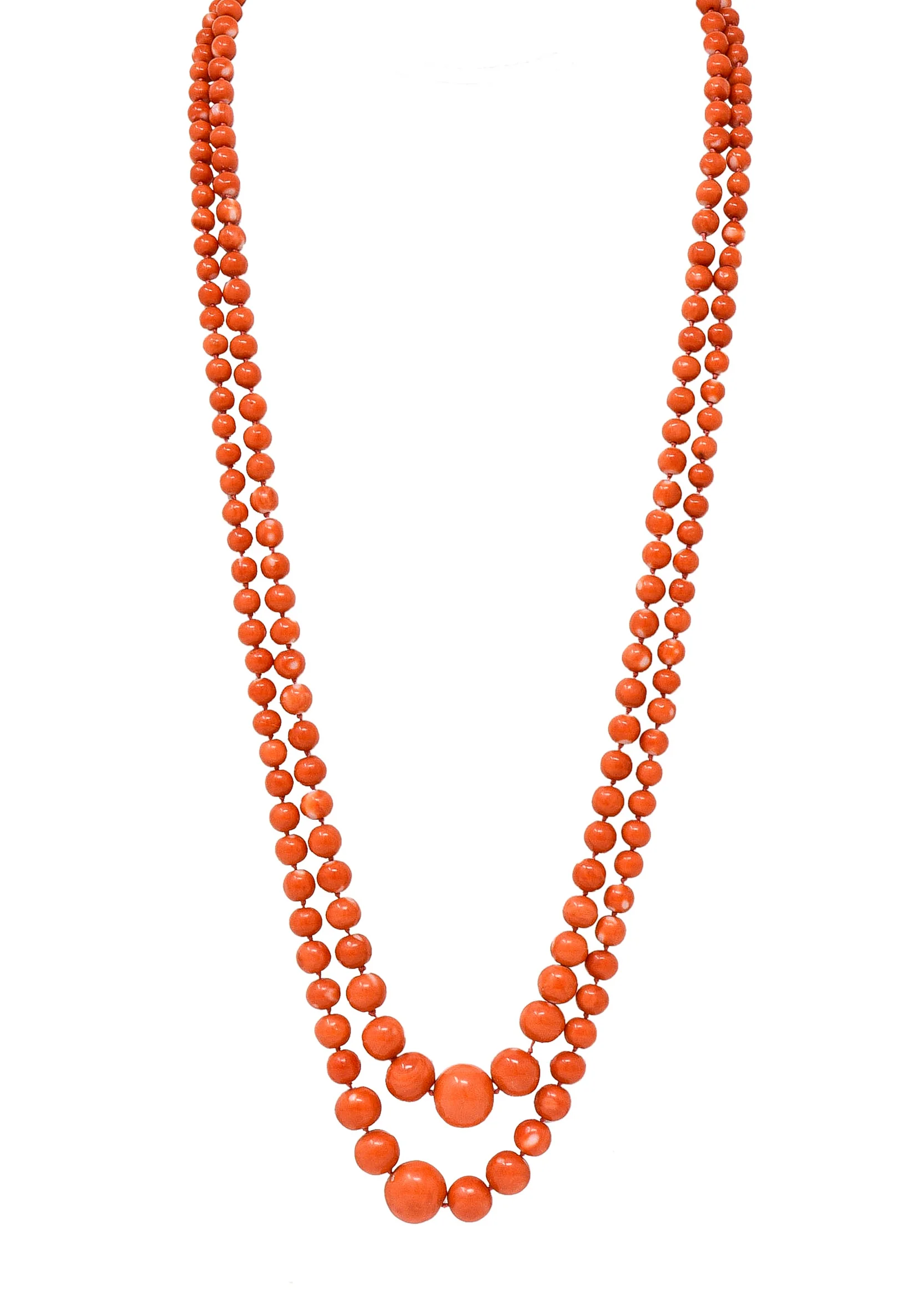 Art Deco Old Mine Diamond Coral Platinum Layered Bead Multi Strand Necklace - Image 4