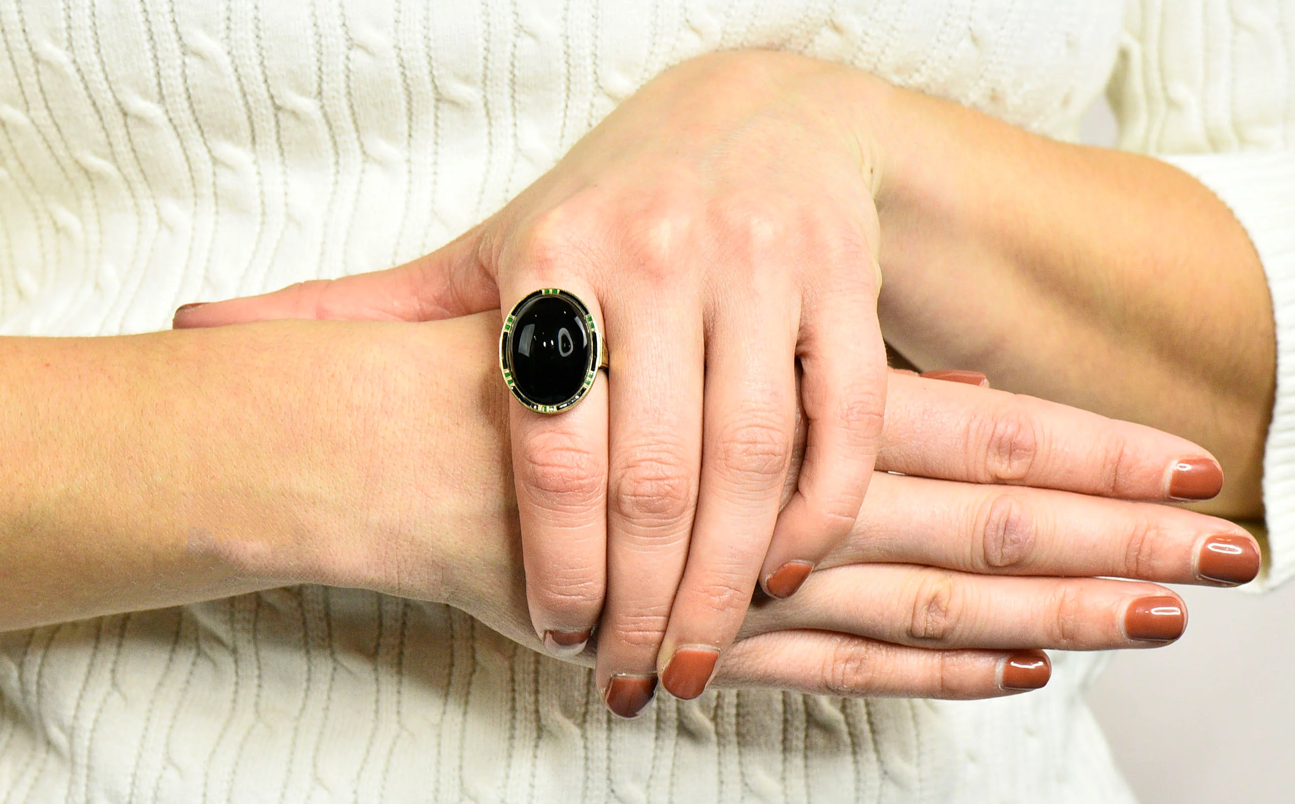 Art Deco Onyx Enamel 14 Karat Gold Cabochon Statement Ring - Image 11