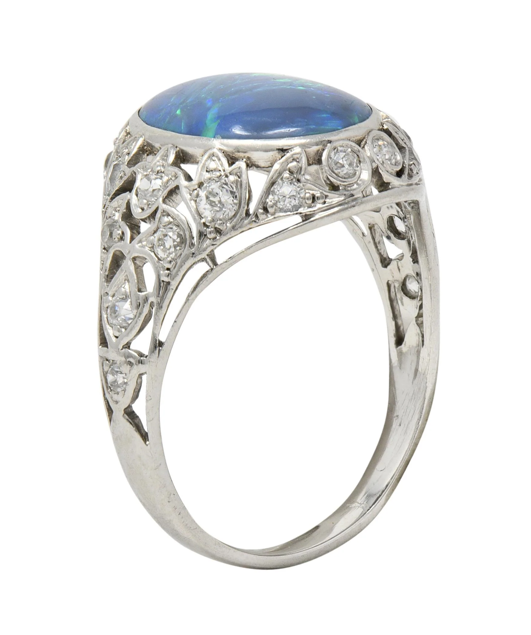 Art Deco Opal Diamond Platinum Ivy Bombé Vintage Gemstone Ring - Image 4