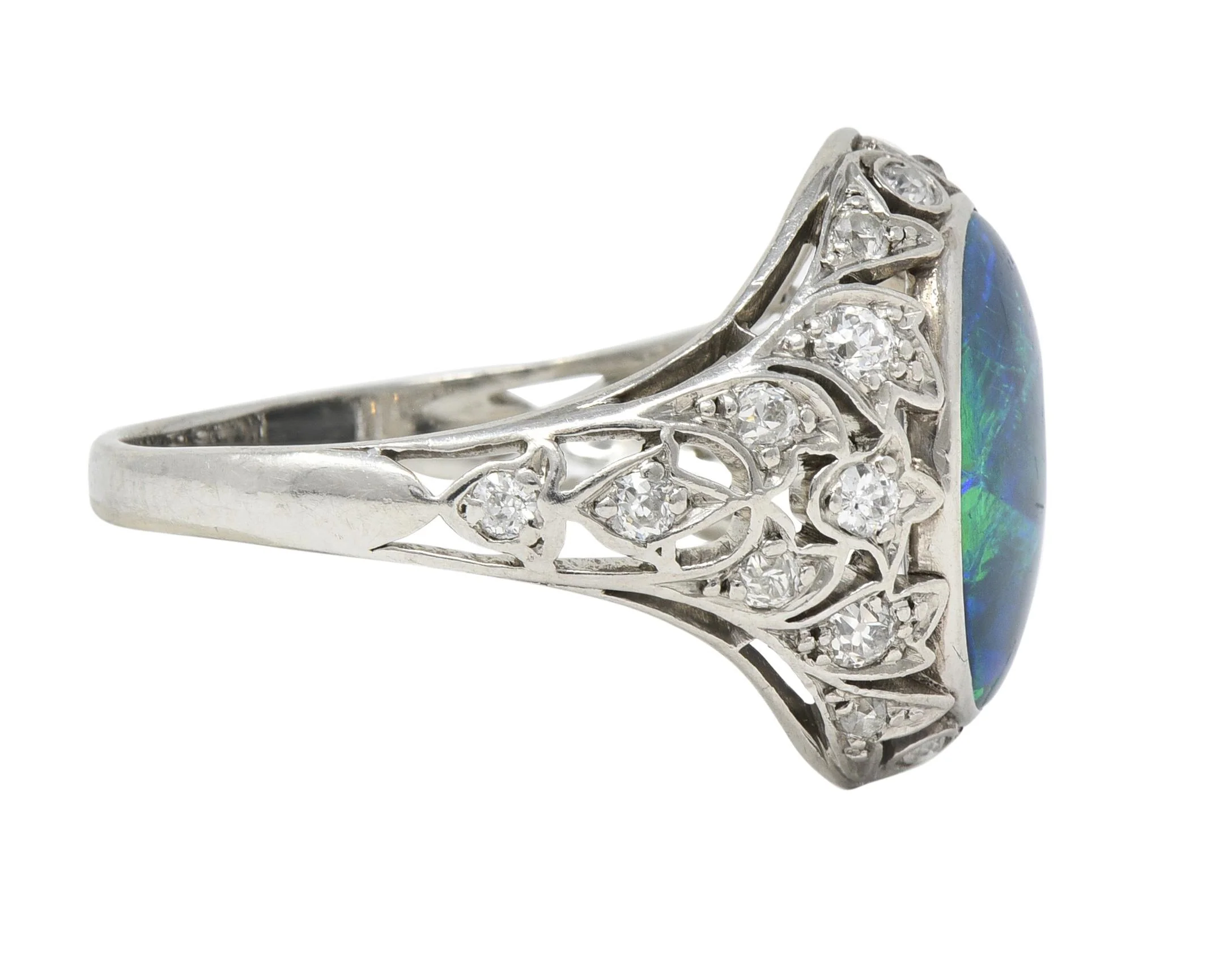 Art Deco Opal Diamond Platinum Ivy Bombé Vintage Gemstone Ring - Image 5