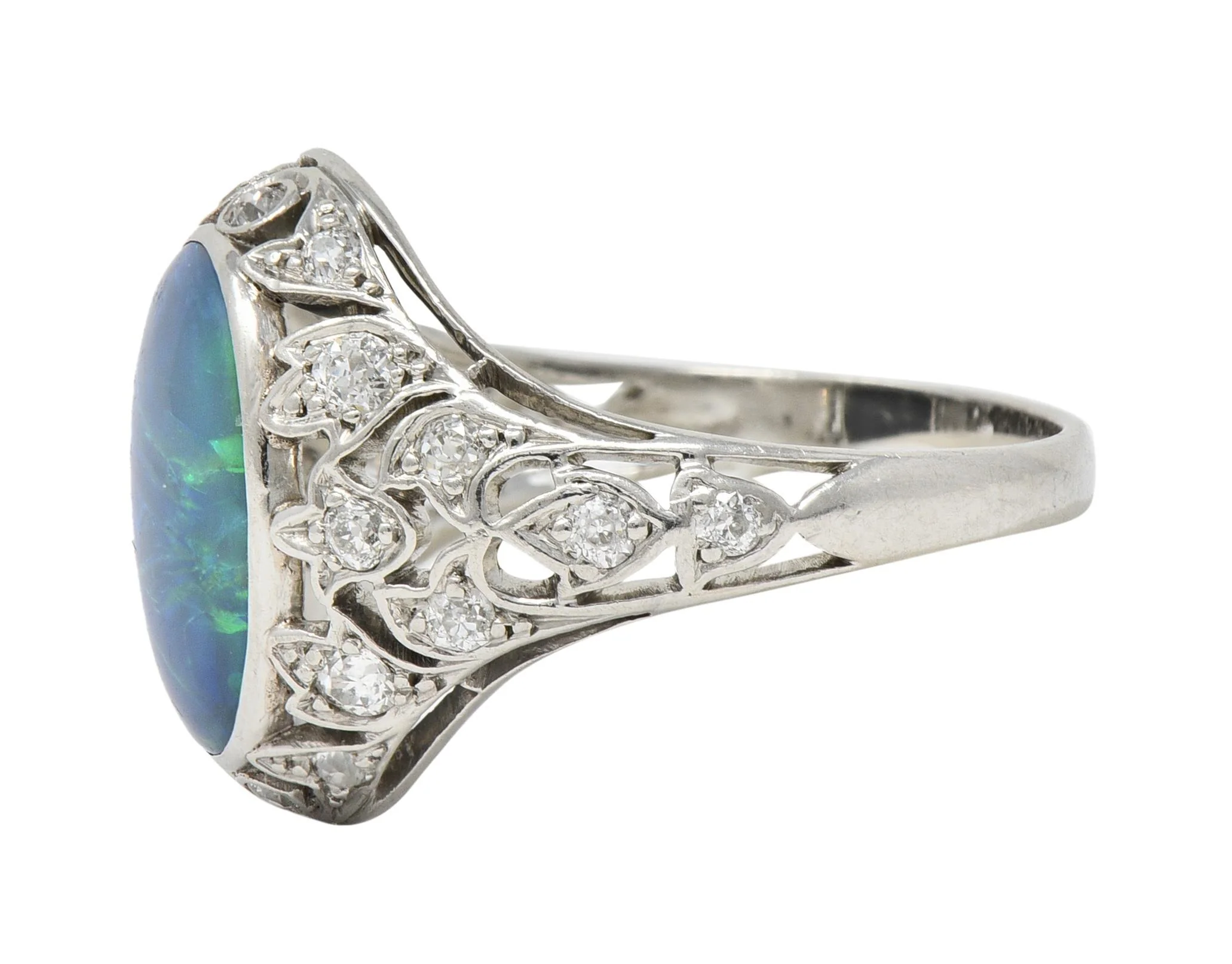 Art Deco Opal Diamond Platinum Ivy Bombé Vintage Gemstone Ring - Image 7
