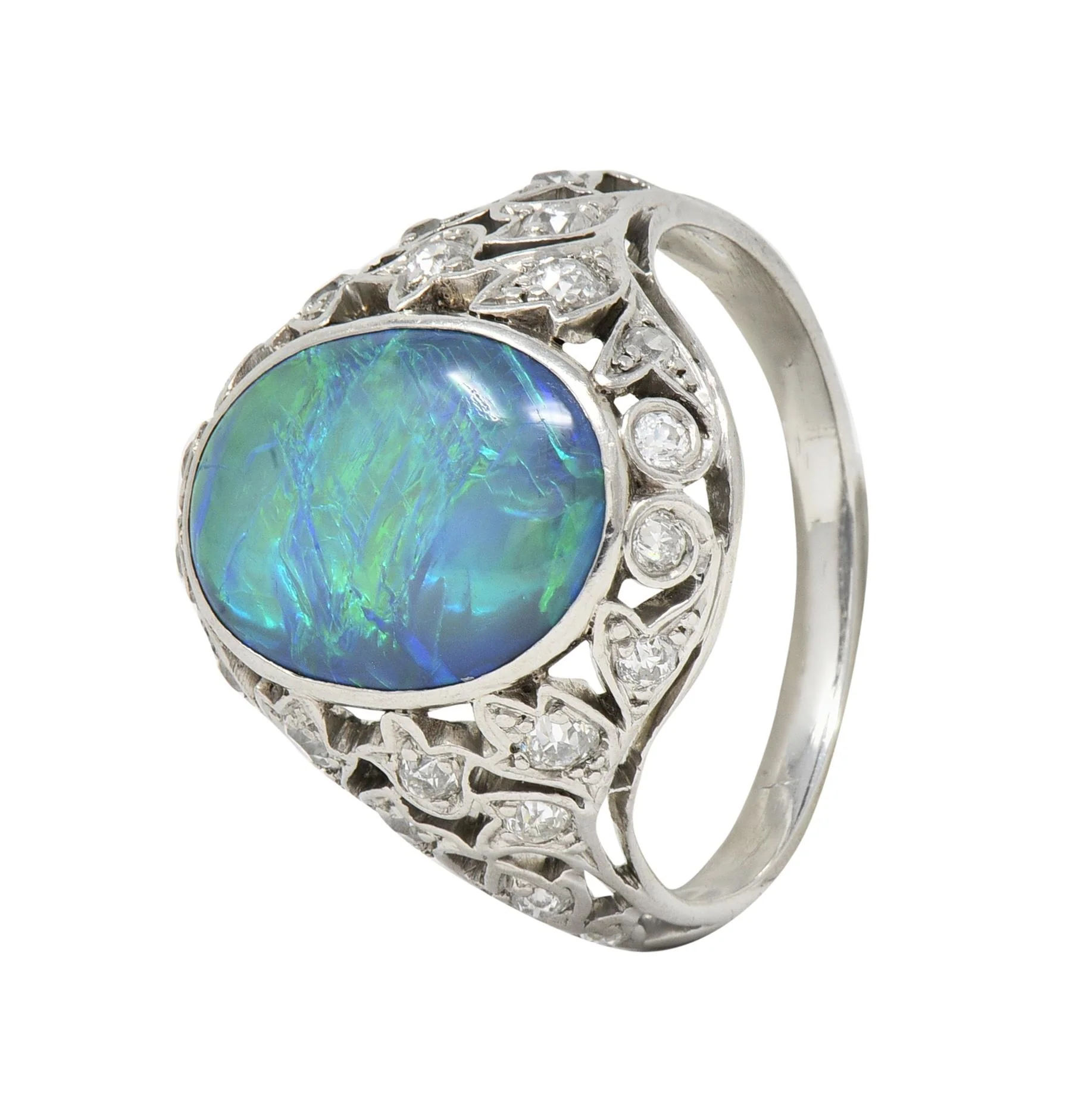 Art Deco Opal Diamond Platinum Ivy Bombé Vintage Gemstone Ring - Image 9