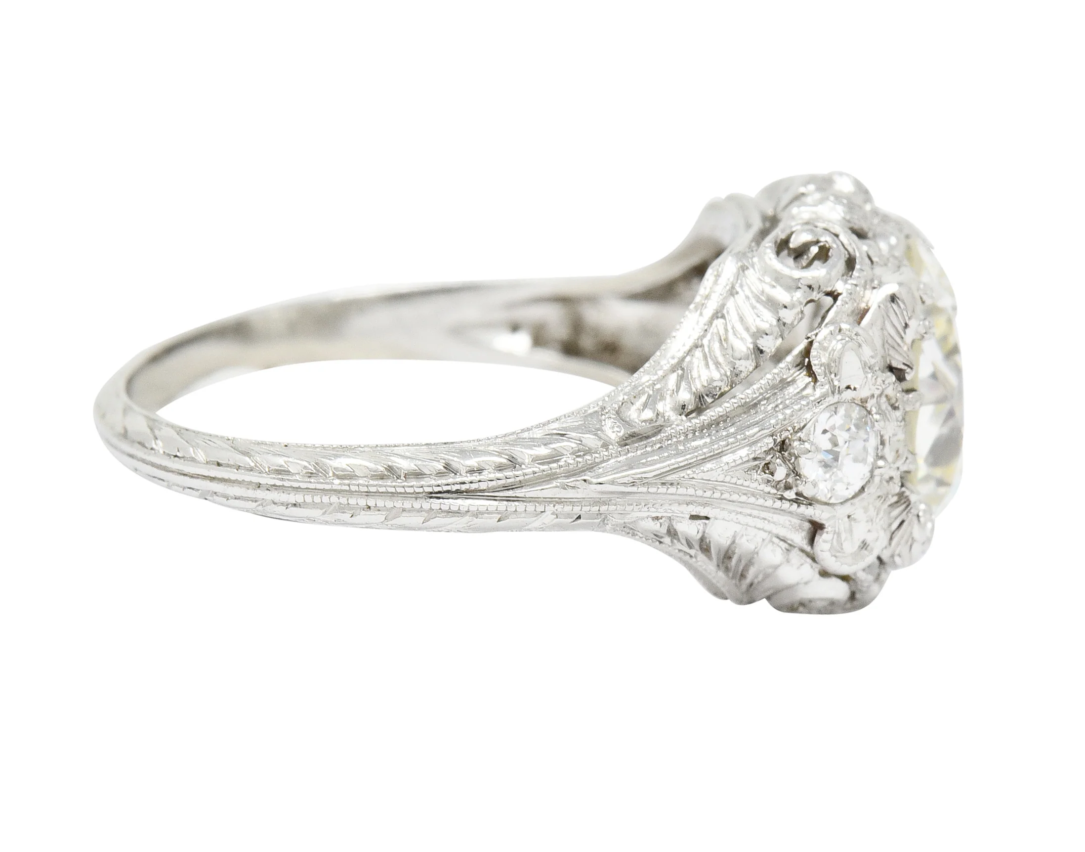 Art Deco Ornate 2.09 CTW Diamond Platinum Floral Engagement Ring - Image 3