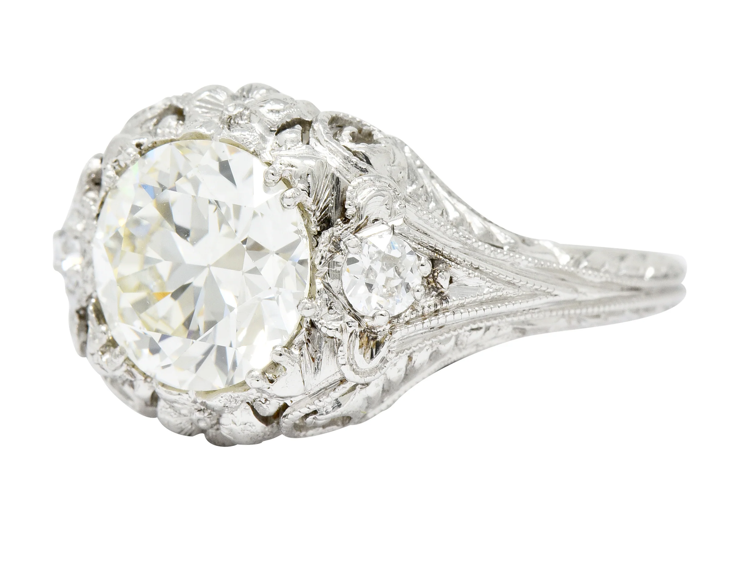 Art Deco Ornate 2.09 CTW Diamond Platinum Floral Engagement Ring - Image 6
