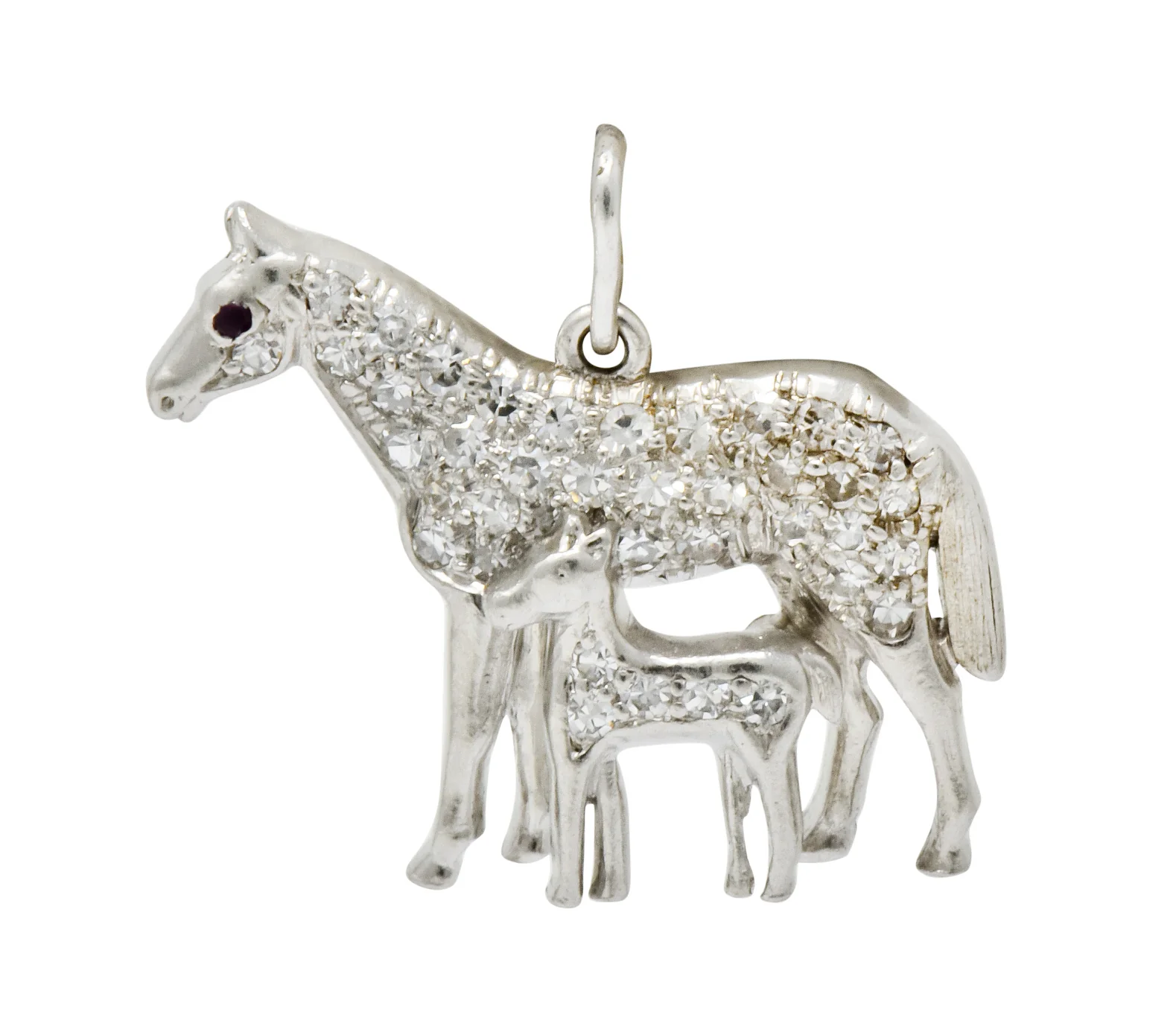Art Deco Pave Diamond Platinum Mother Horse And Baby Foal Charm