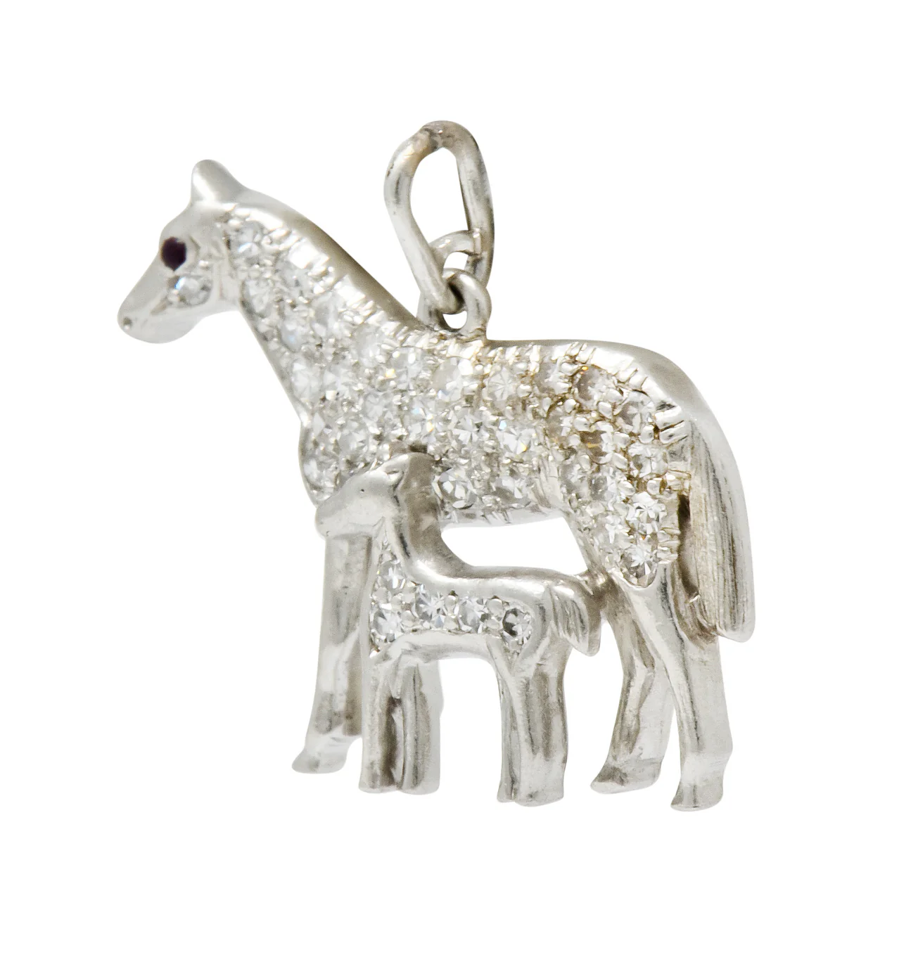 Art Deco Pave Diamond Platinum Mother Horse And Baby Foal Charm - Image 3