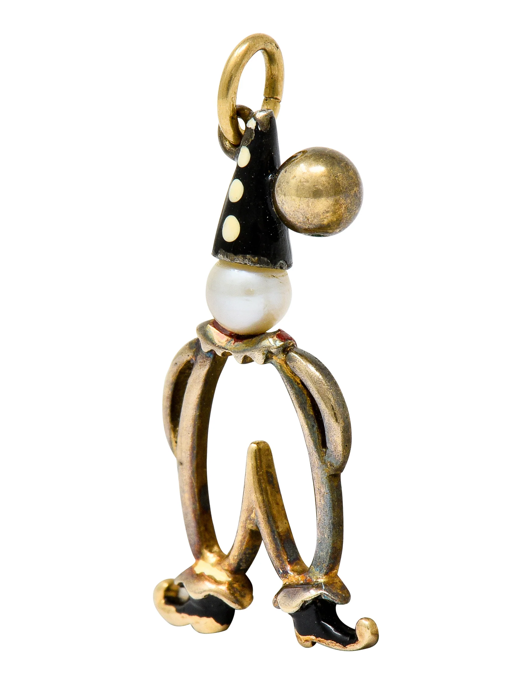 Art Deco Pearl Enamel 14 Karat Gold Pierrot Clown Charm - Image 2