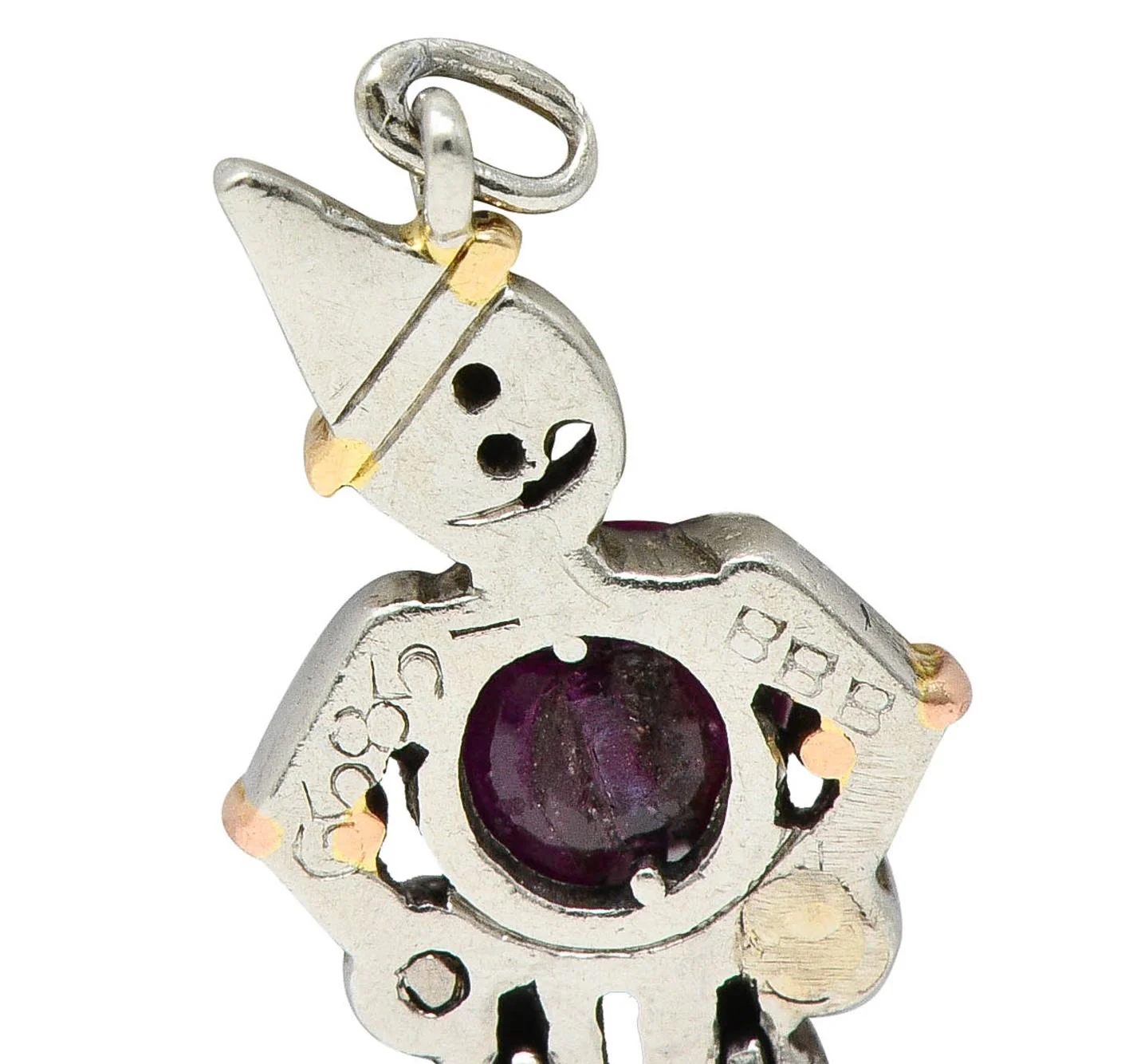 Art Deco Ruby Emerald Diamond Platinum 14 Karat Gold Vintage Articulated Clown Charm - Image 10