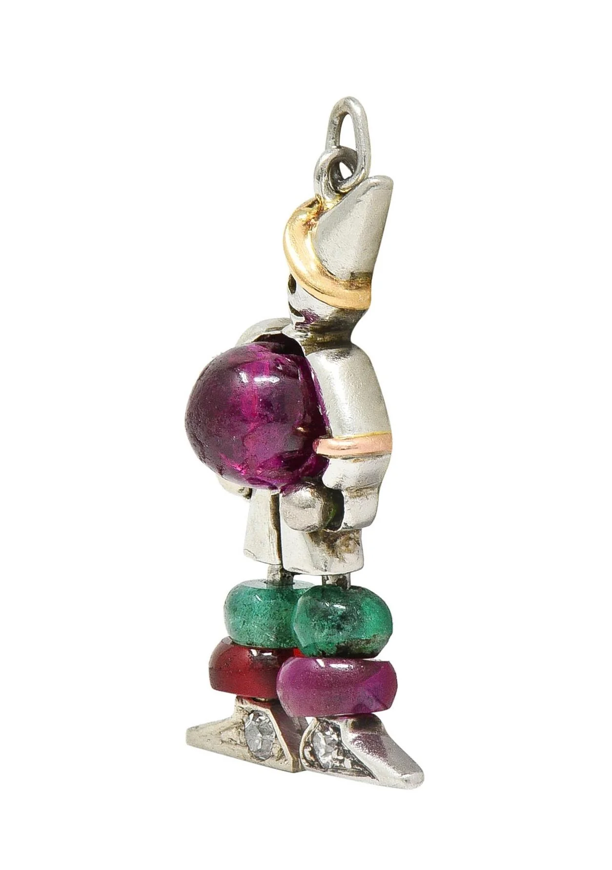 Art Deco Ruby Emerald Diamond Platinum 14 Karat Gold Vintage Articulated Clown Charm - Image 6