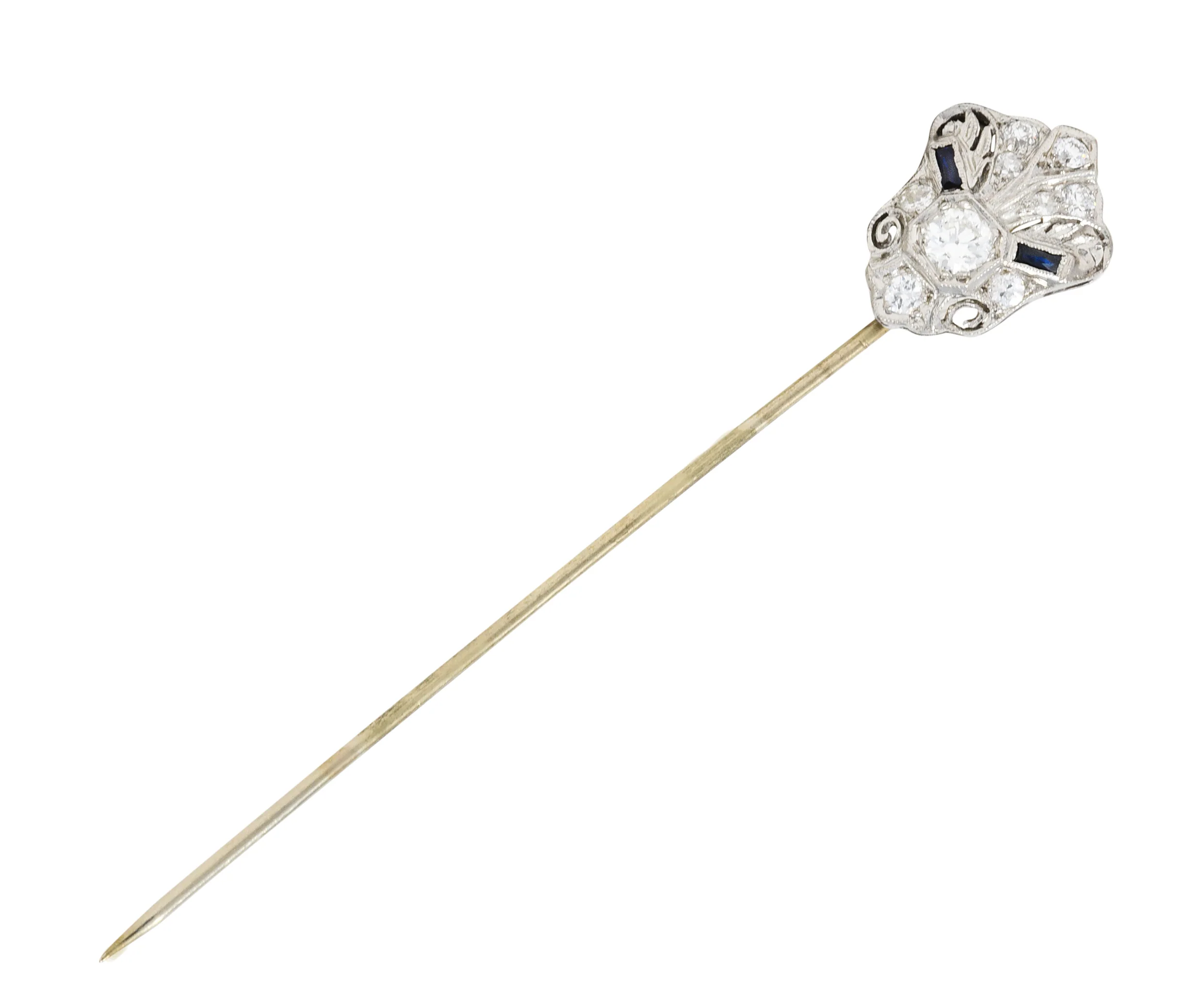 Art Deco Sapphire 0.57 CTW Diamond Platinum Cartouche Stickpin - Image 2
