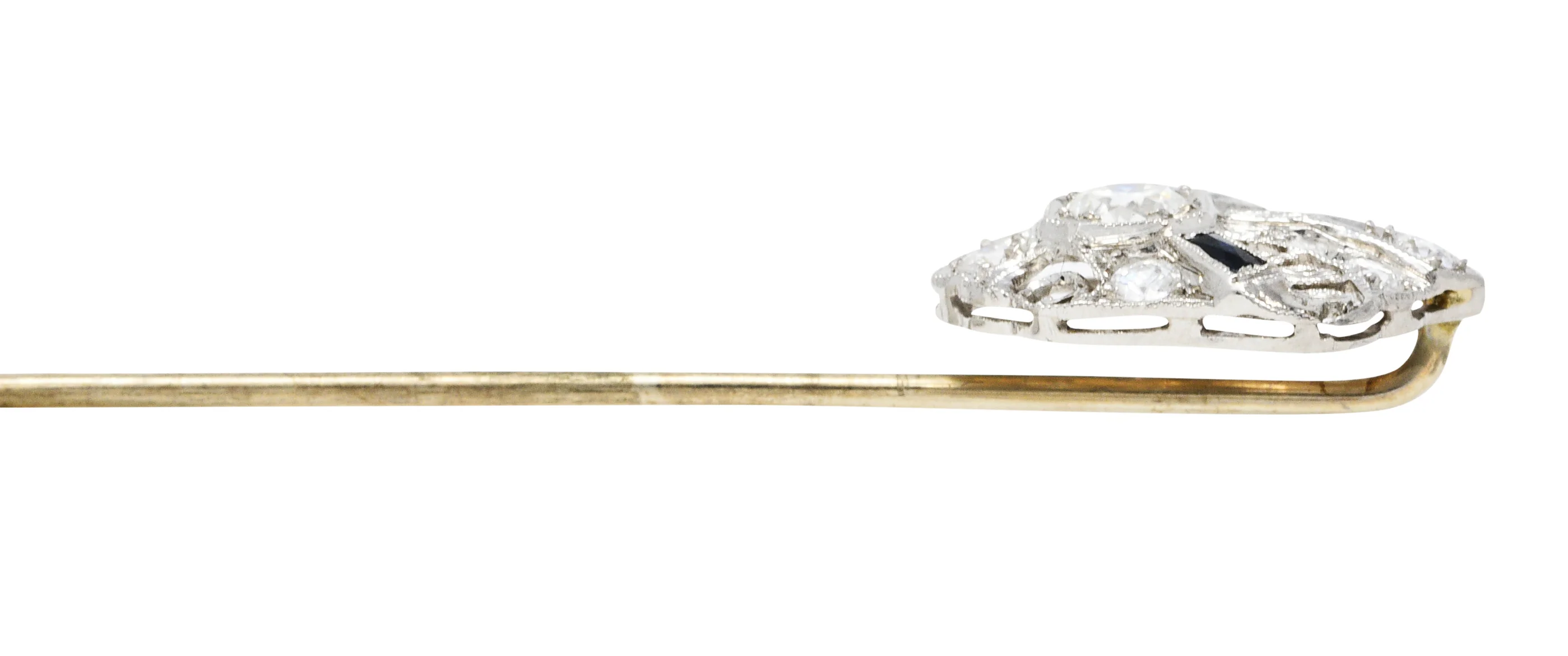Art Deco Sapphire 0.57 CTW Diamond Platinum Cartouche Stickpin - Image 6
