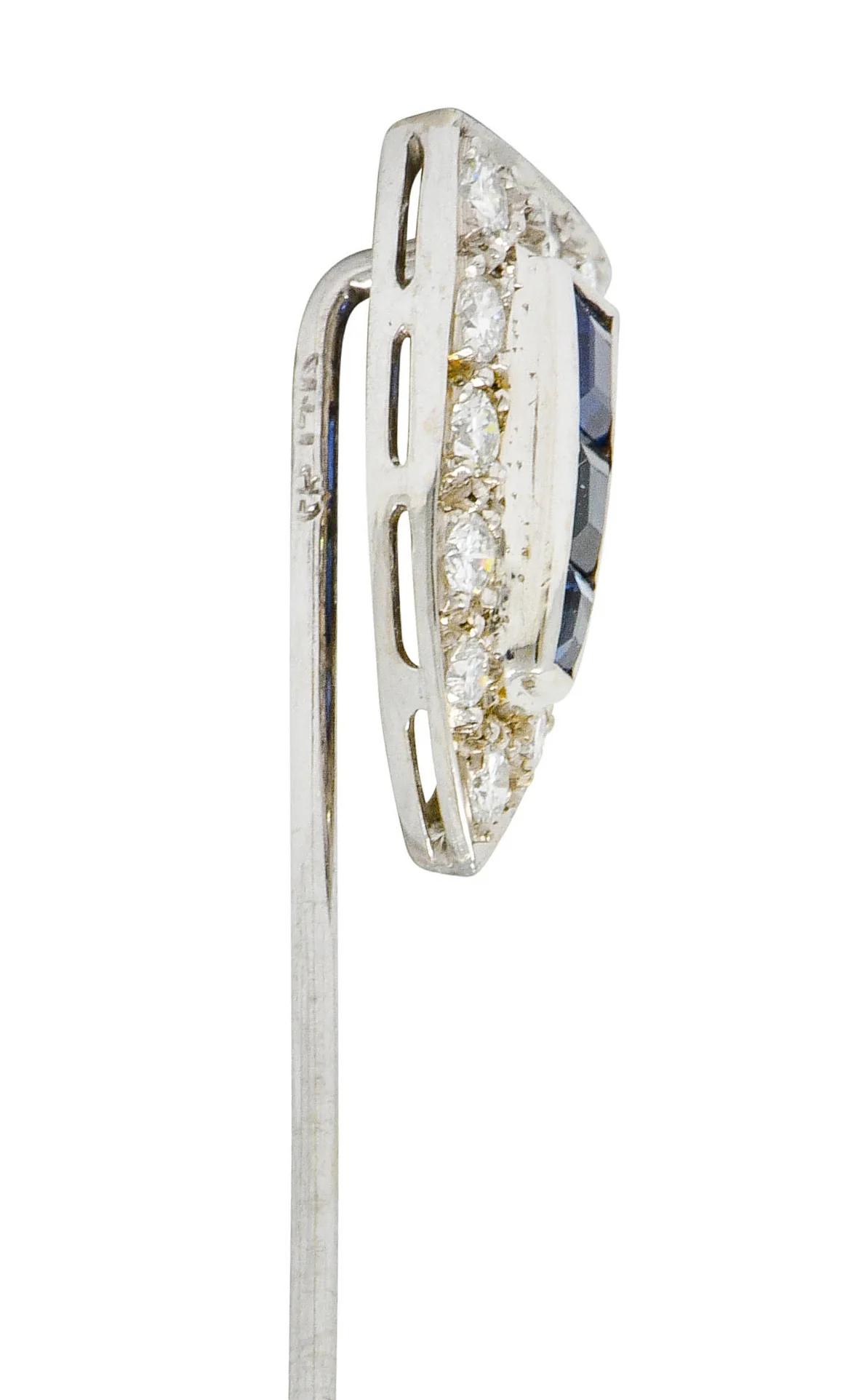 Art Deco Sapphire Diamond 14 Karat White Gold Shield Stickpin - Image 5