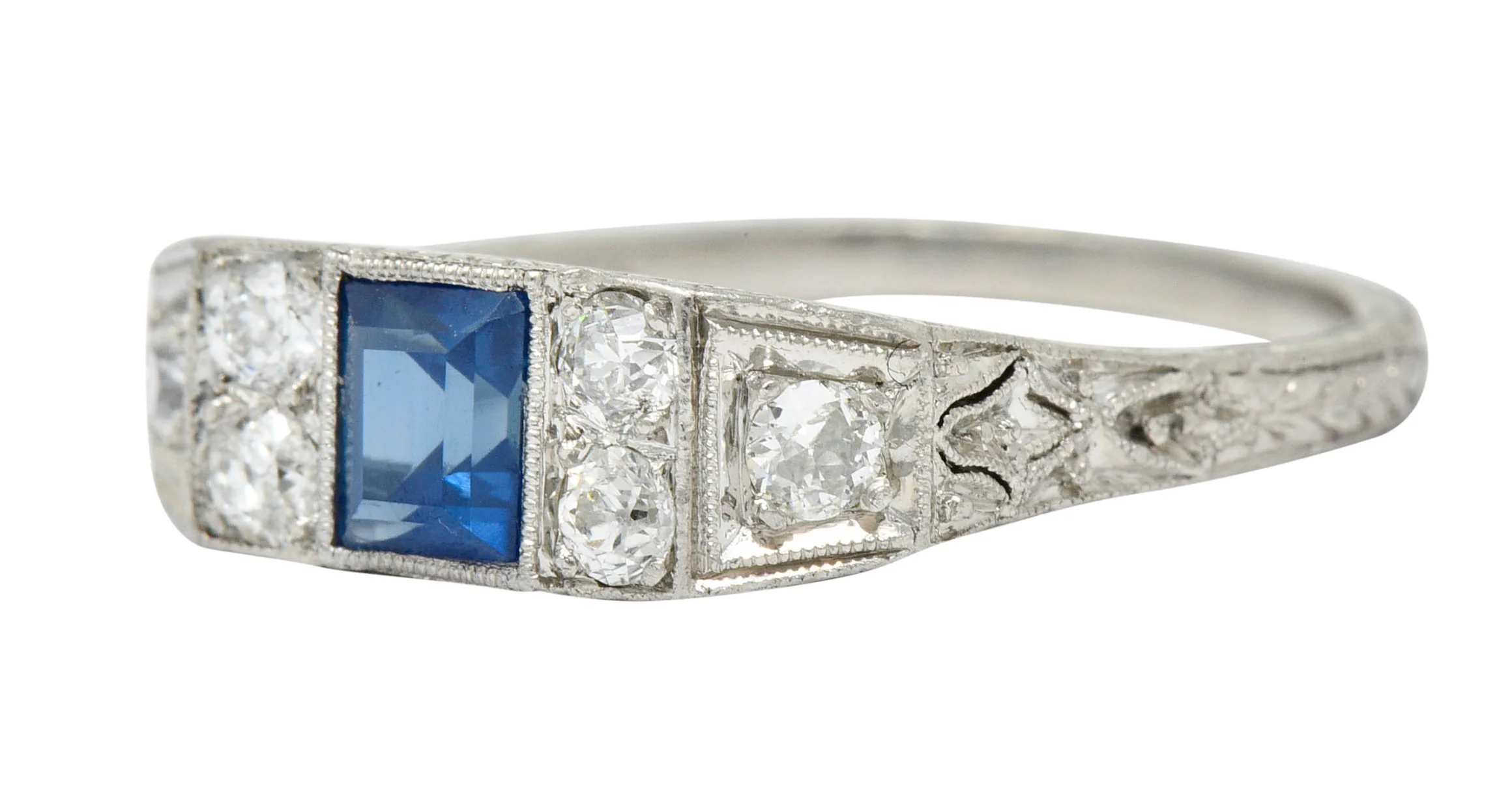 Art Deco Sapphire Diamond Platinum Filigree Band Ring - Image 6