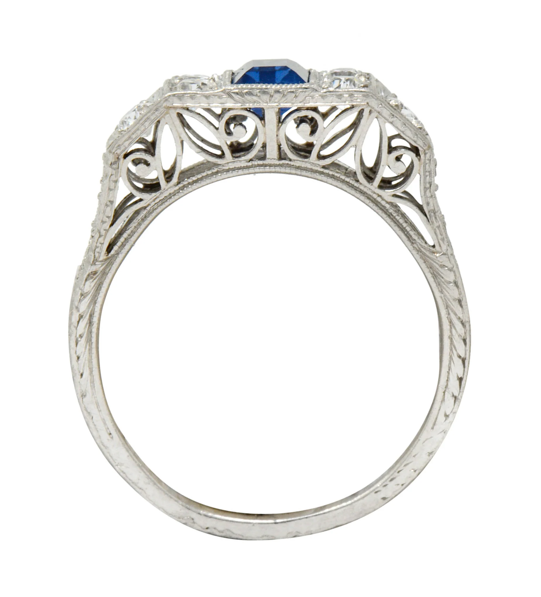 Art Deco Sapphire Diamond Platinum Filigree Band Ring - Image 7