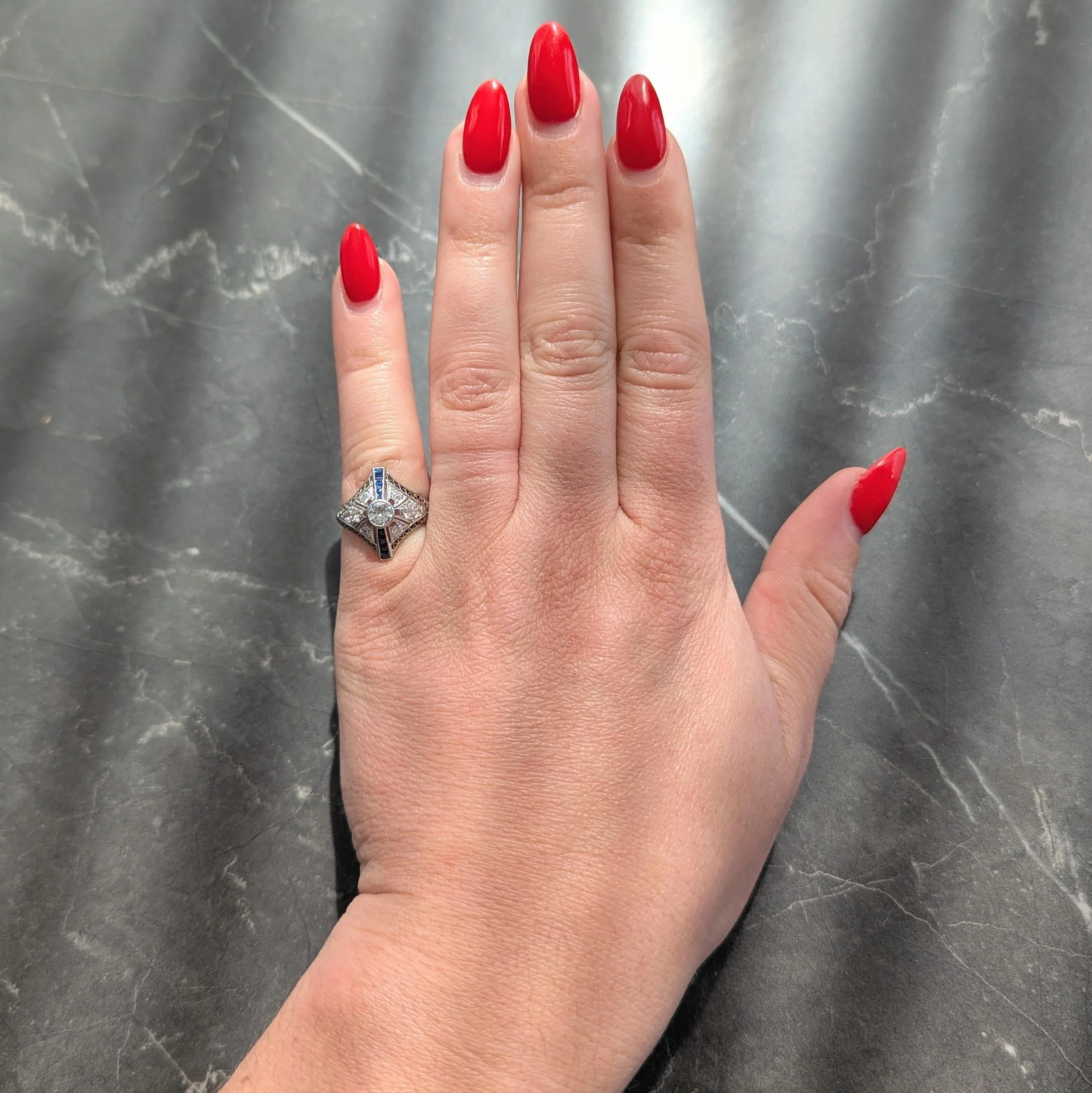 Art Deco Sapphire Diamond Platinum Vintage Zig-Zag Navette Dinner Ring - Image 2