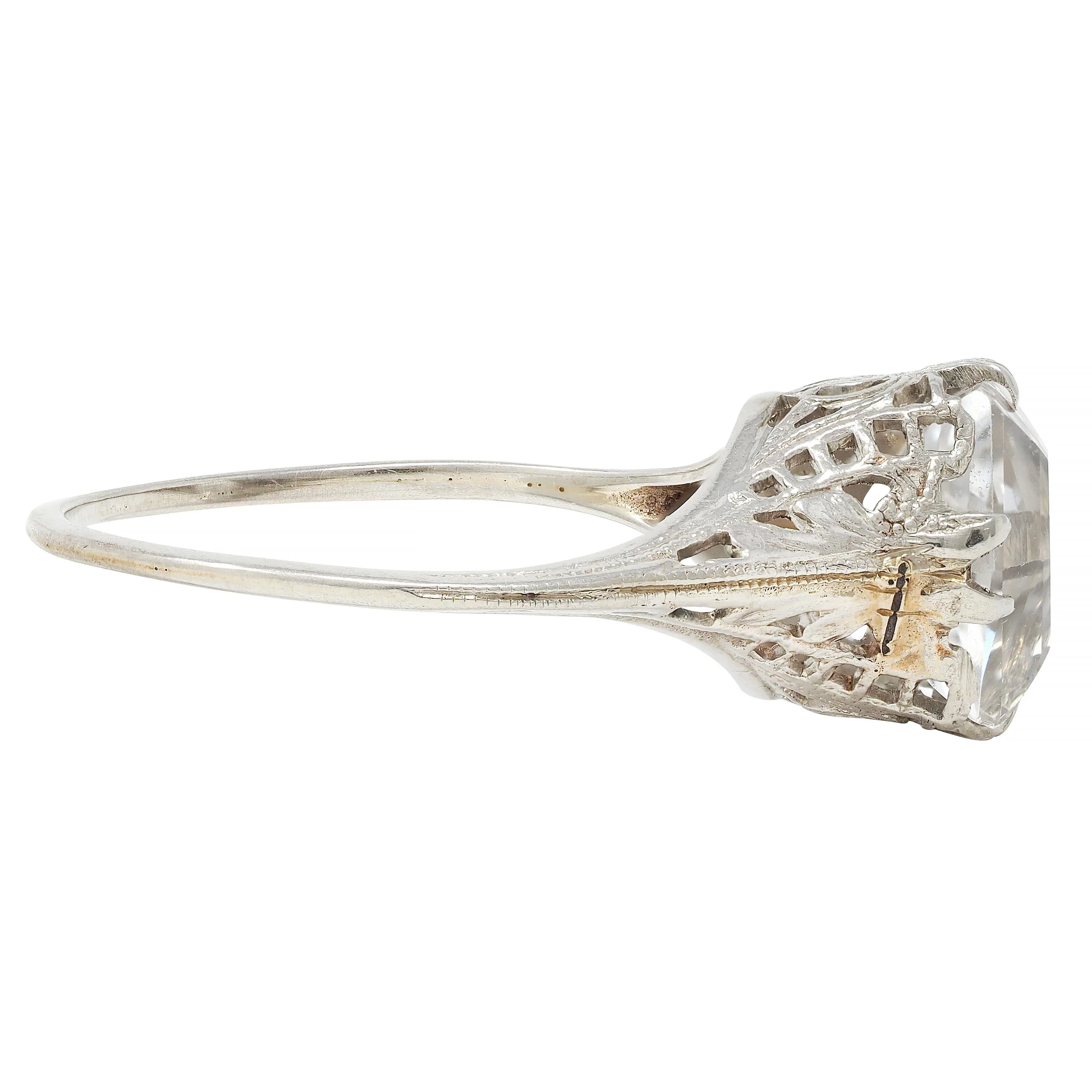 Art Deco Step Cut White Grossular Garnet 14 Karat White Gold Vintage Foliate Ring - Image 3
