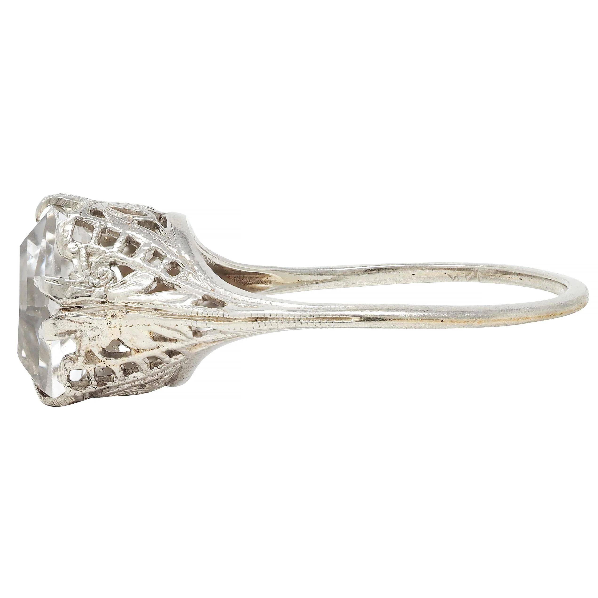 Art Deco Step Cut White Grossular Garnet 14 Karat White Gold Vintage Foliate Ring - Image 5