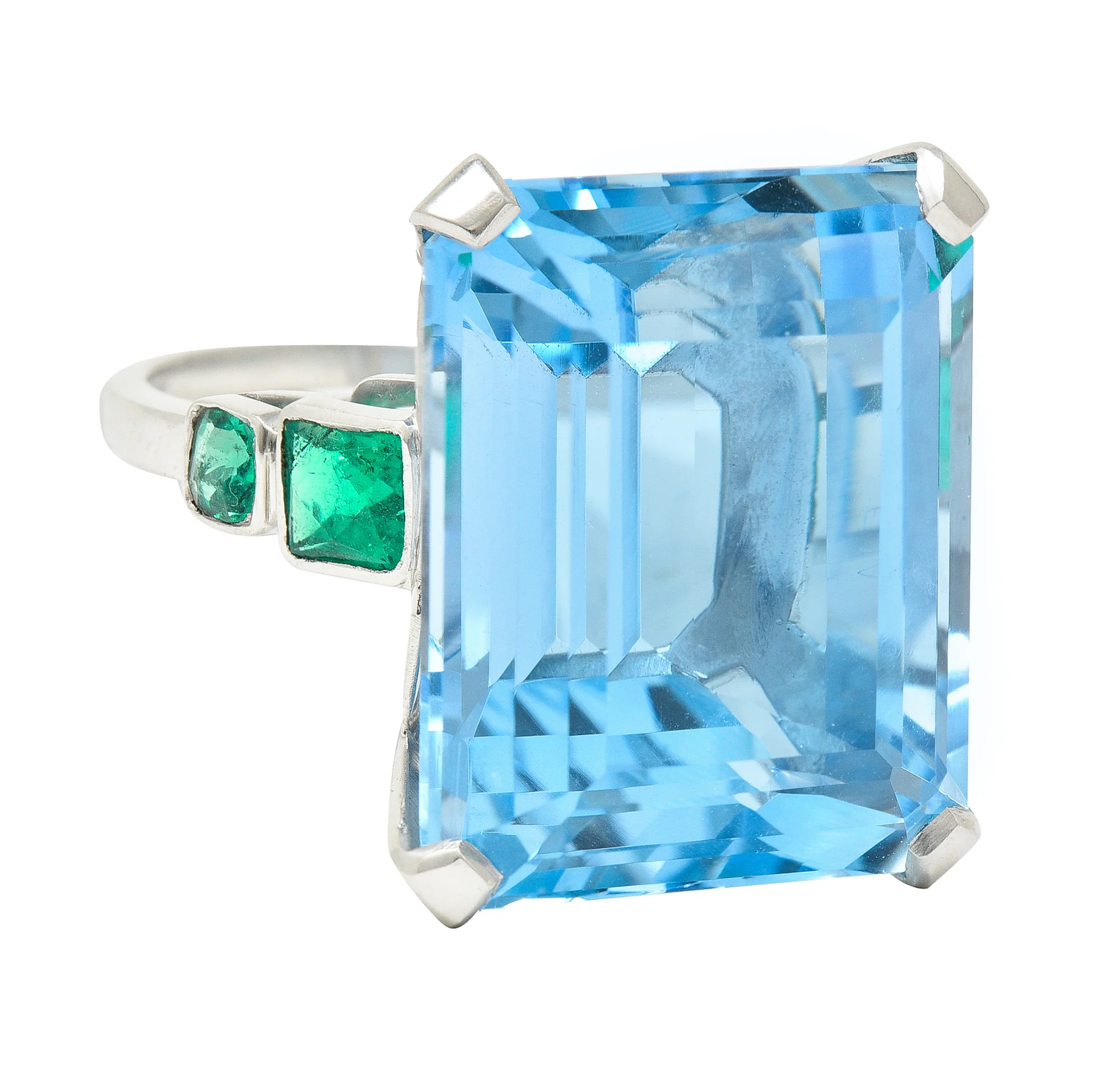 Art Deco Substantial 28.85 CTW Emerald Cut Aquamarine French Cut Emerald Platinum Vintage Cocktail Ring - Image 2