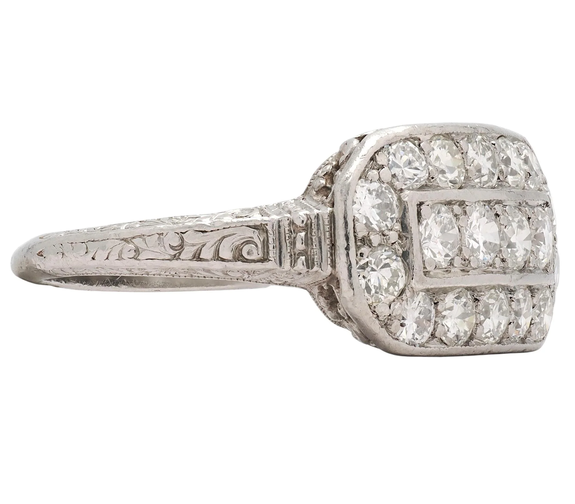 Art Deco Transitional Cut Diamond Platinum Vintage Scrolling Cluster Ring - Image 3