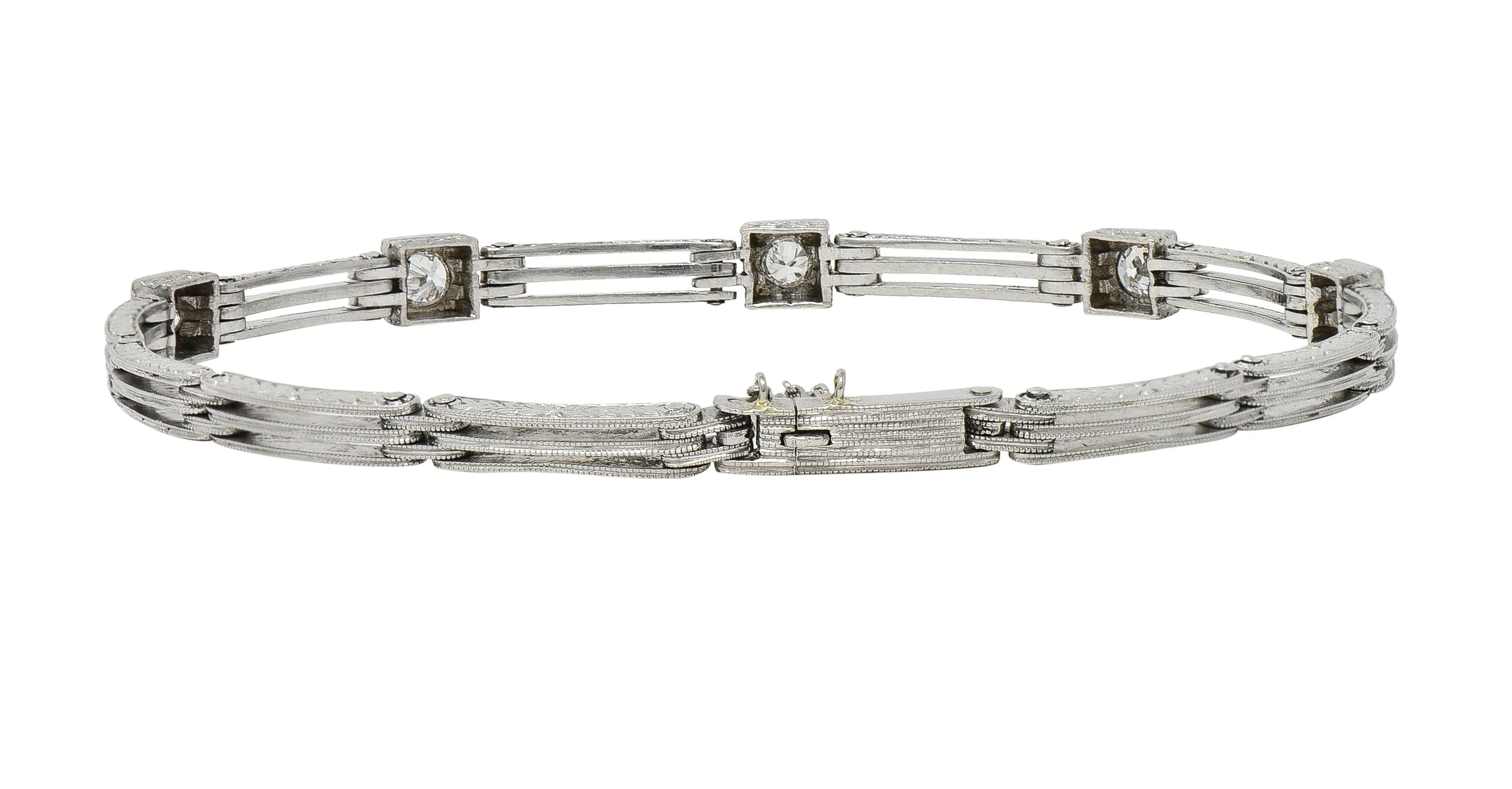 Art Deco Transitional Cut Diamond Platinum Wheat Station Link Antique Bracelet - Image 4