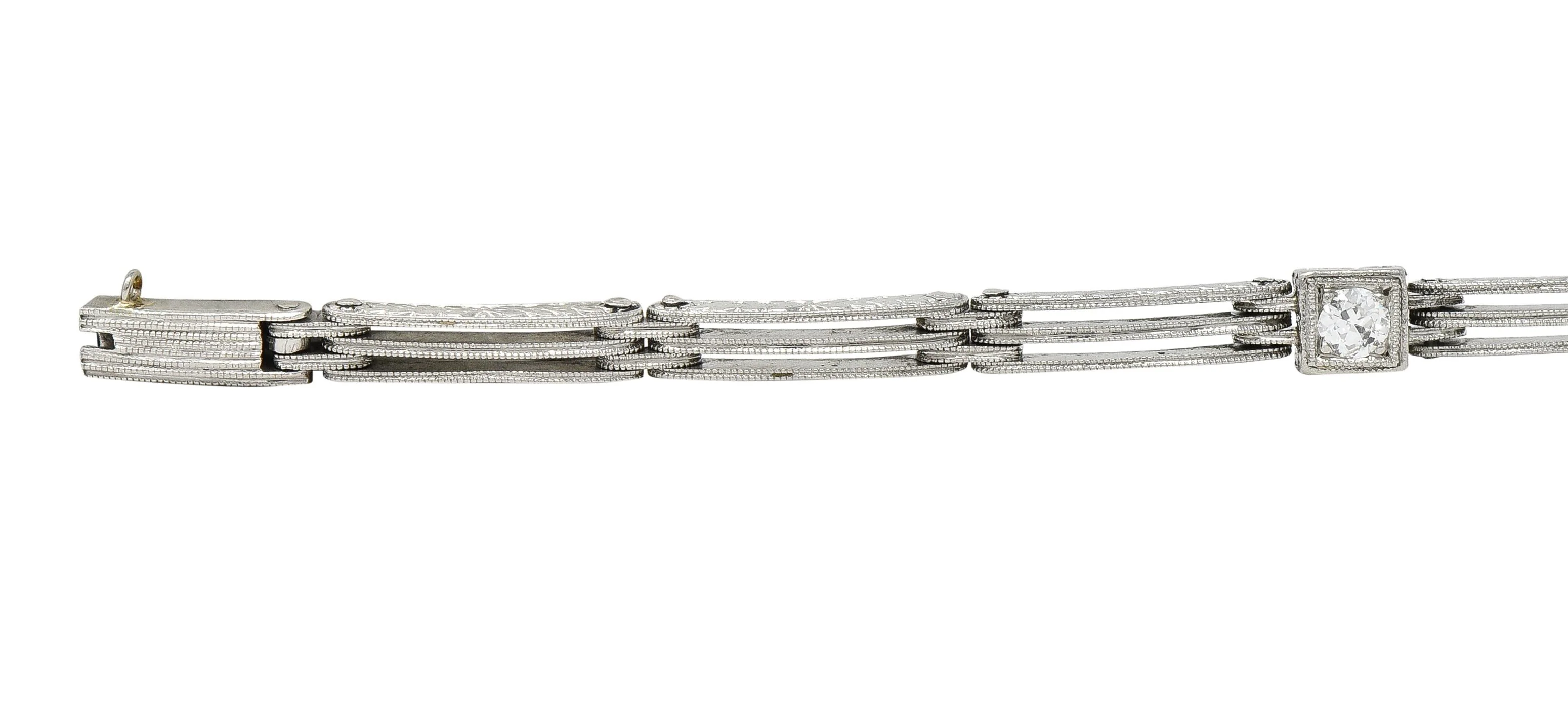 Art Deco Transitional Cut Diamond Platinum Wheat Station Link Antique Bracelet - Image 5