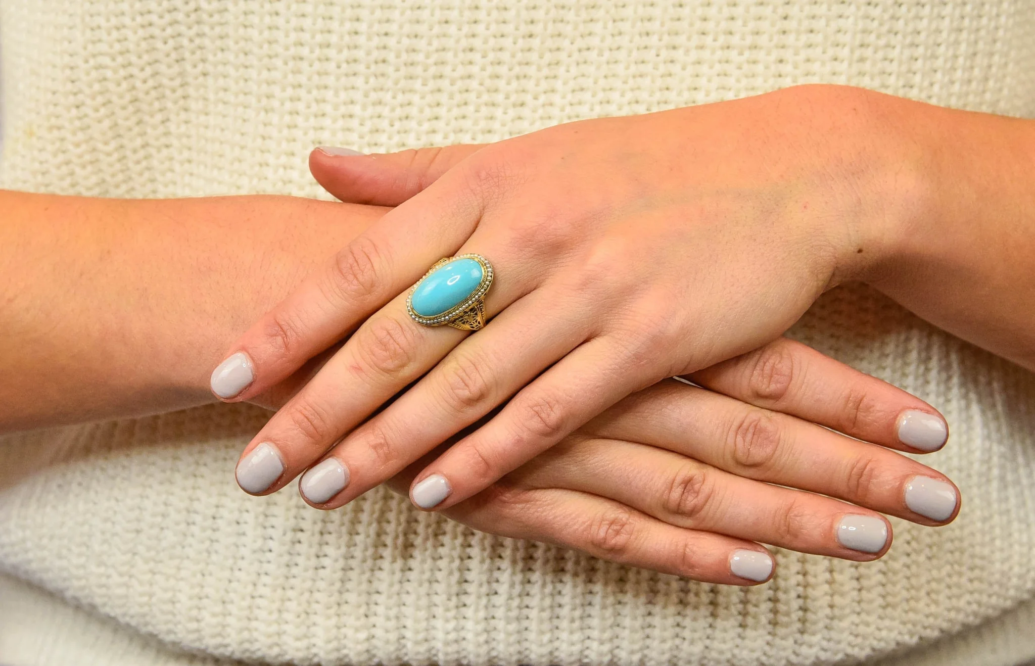 Art Deco Turquoise Seed Pearl 14 Karat Gold Fashion Ring - Image 10